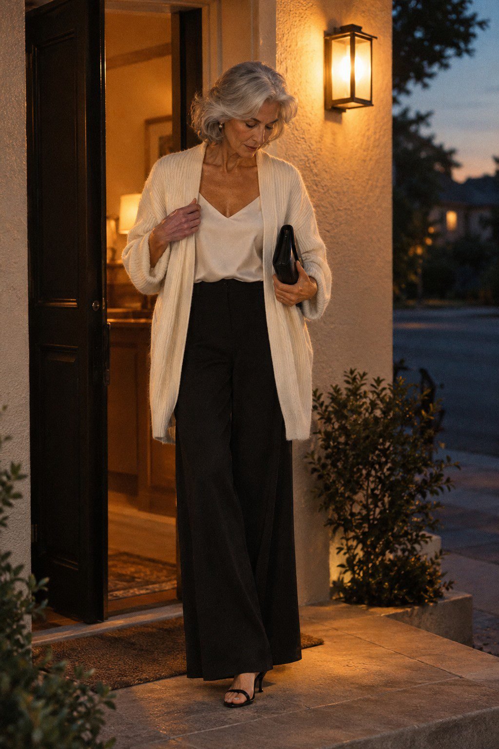 how to style a cardigan for women in their 70s: ivory cashmere cardigan open over an ivory silk camisole and black wide-leg trousers for dinner