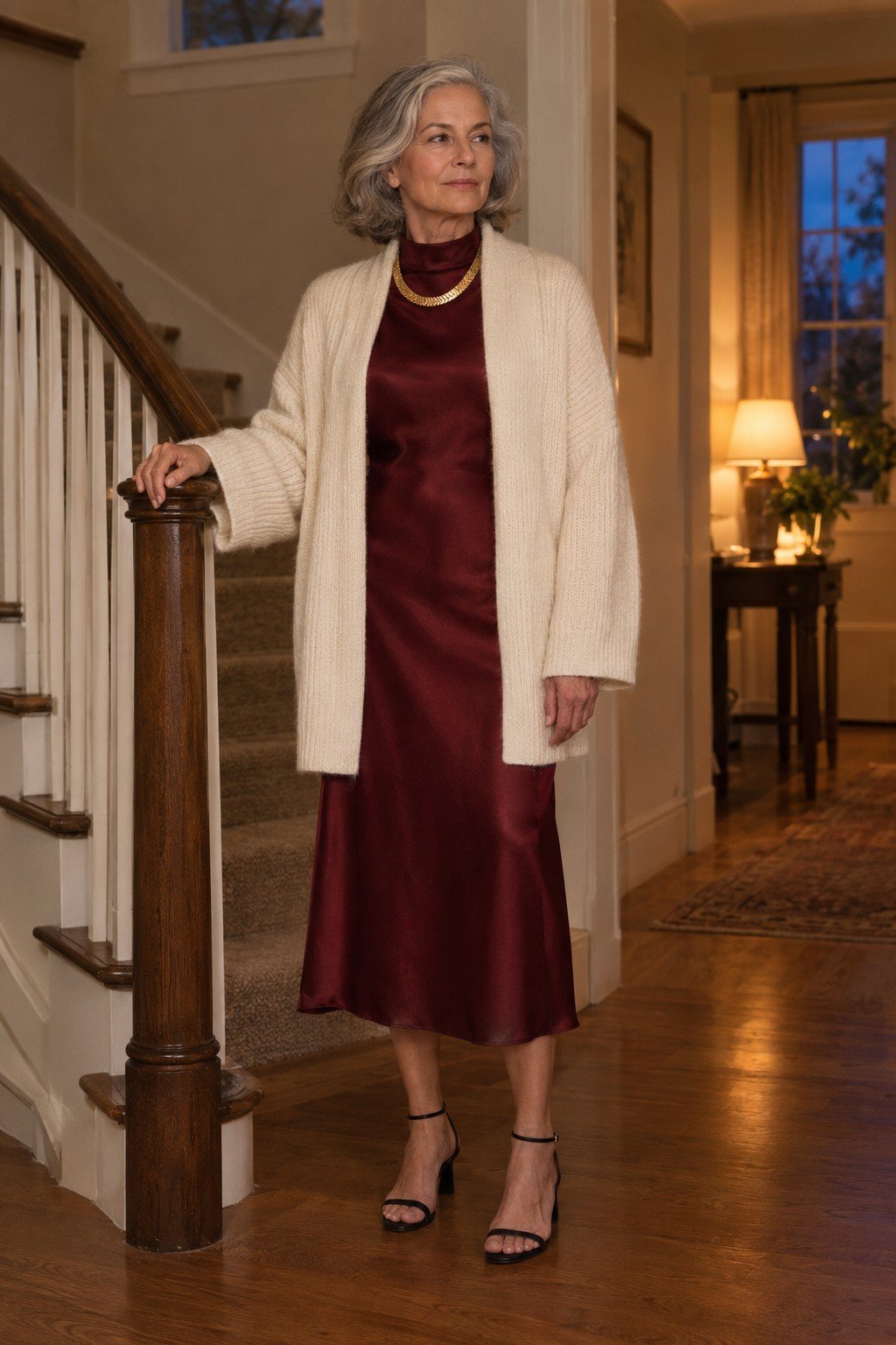 how to style a cardigan for women in their 70s: ivory cashmere cardigan open over a wine red silk midi dress with a gold statement necklace