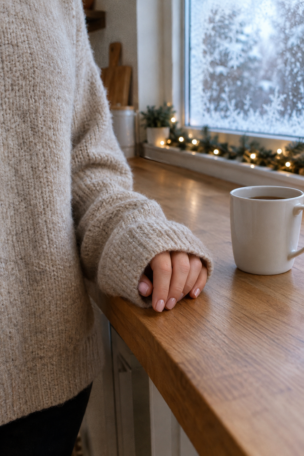 sheer milky pink christmas nail color on short natural nails peeking from an oatmeal knit sleeve on a frosty morning