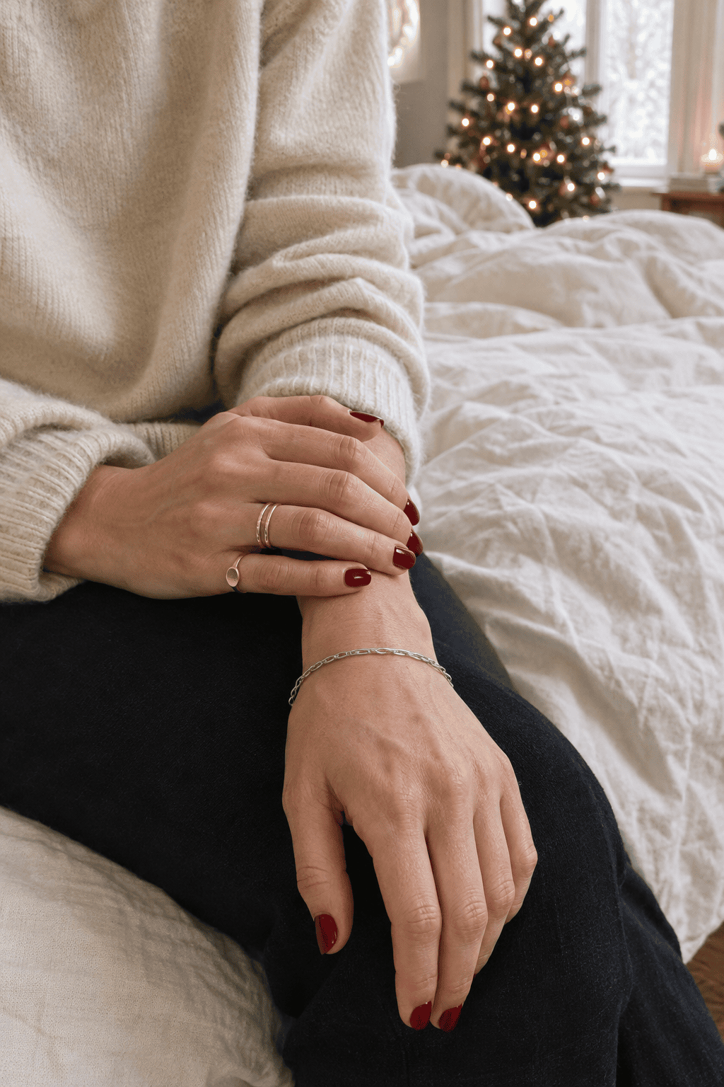 elegant holiday nail colors: deep red nails with stacked gold rings and a silver chain bracelet on christmas morning
