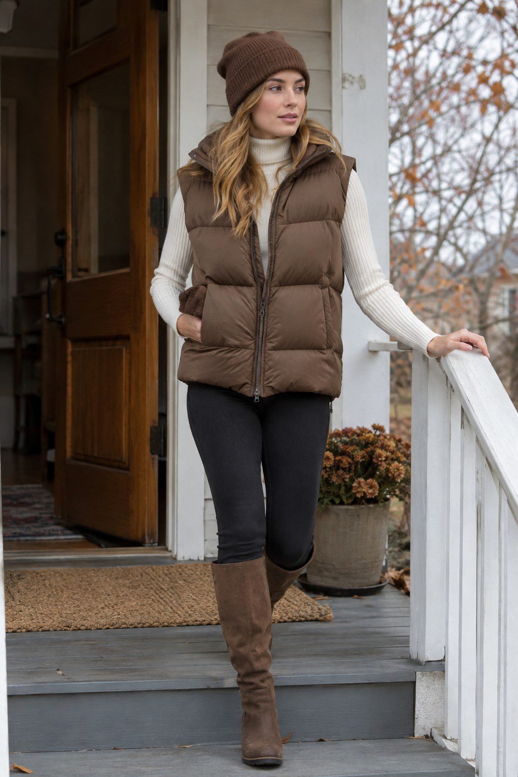 woman wearing a hazel brown puffer vest layered over a slim sweater, an elevated fall layering fix
