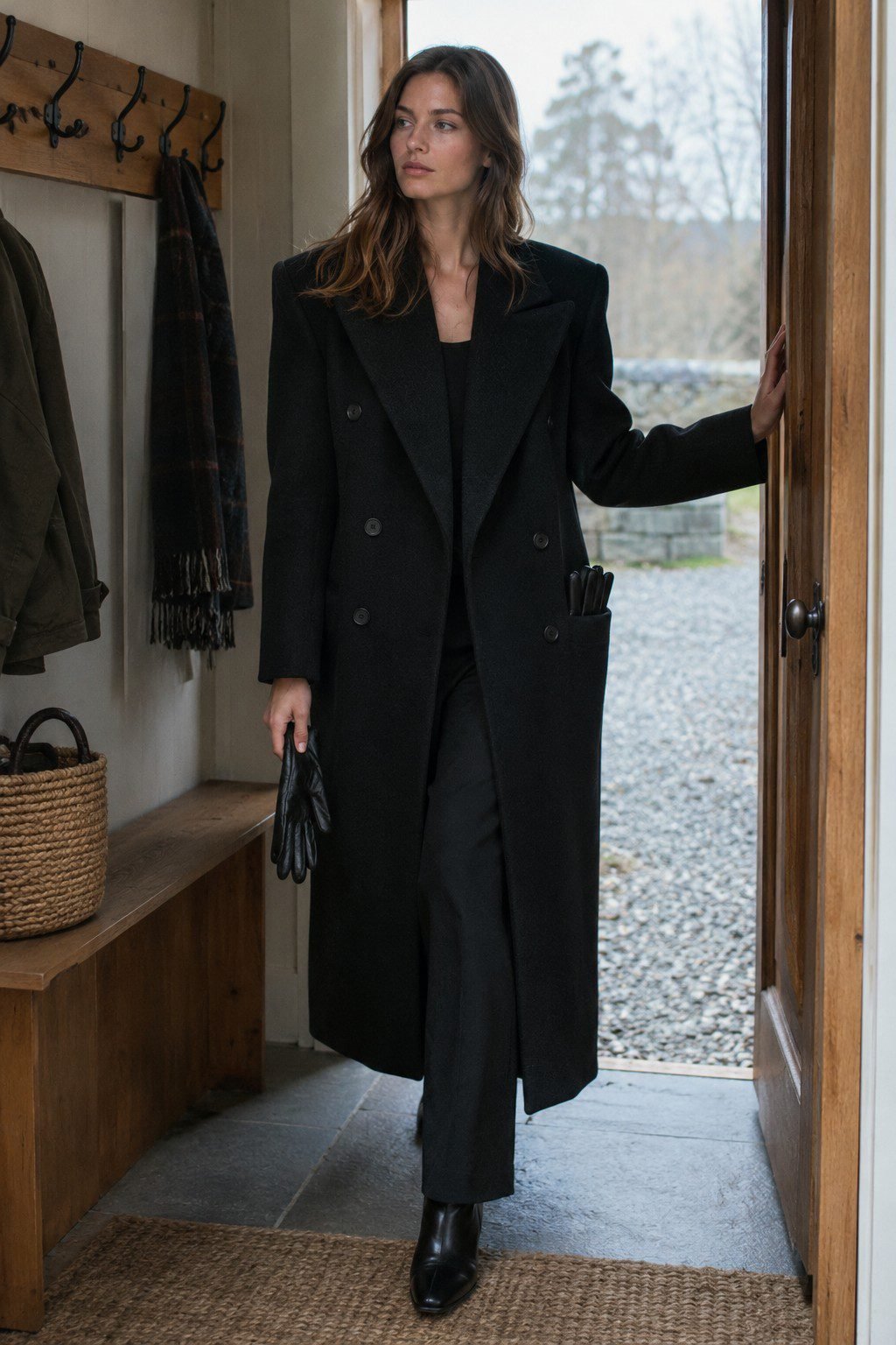 woman wearing a black double-breasted wool coat with structured shoulders, a tailored alternative to an everyday puffer