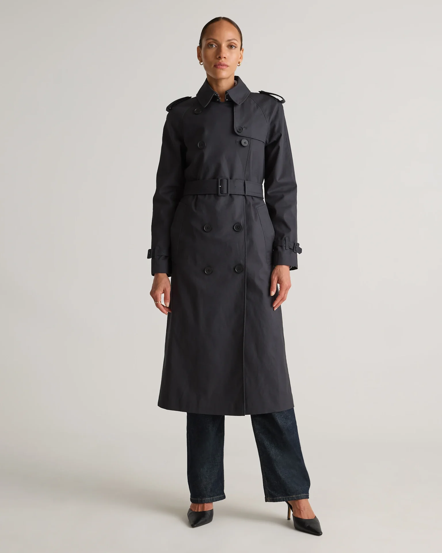 Comfort Stretch Long Trench Coat (Midnight Black)