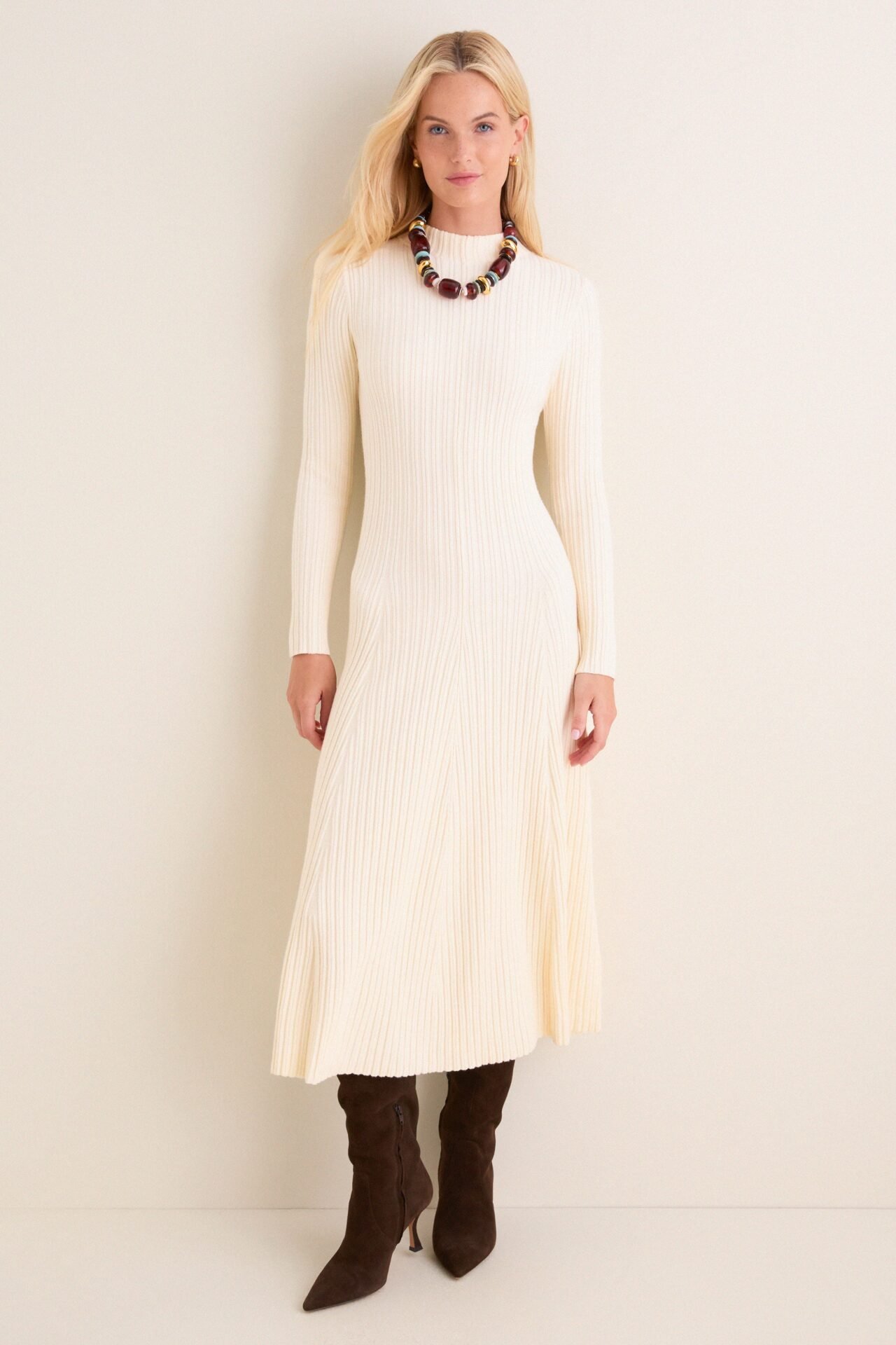 Cream Ribbed Knit Corey Midi Dress