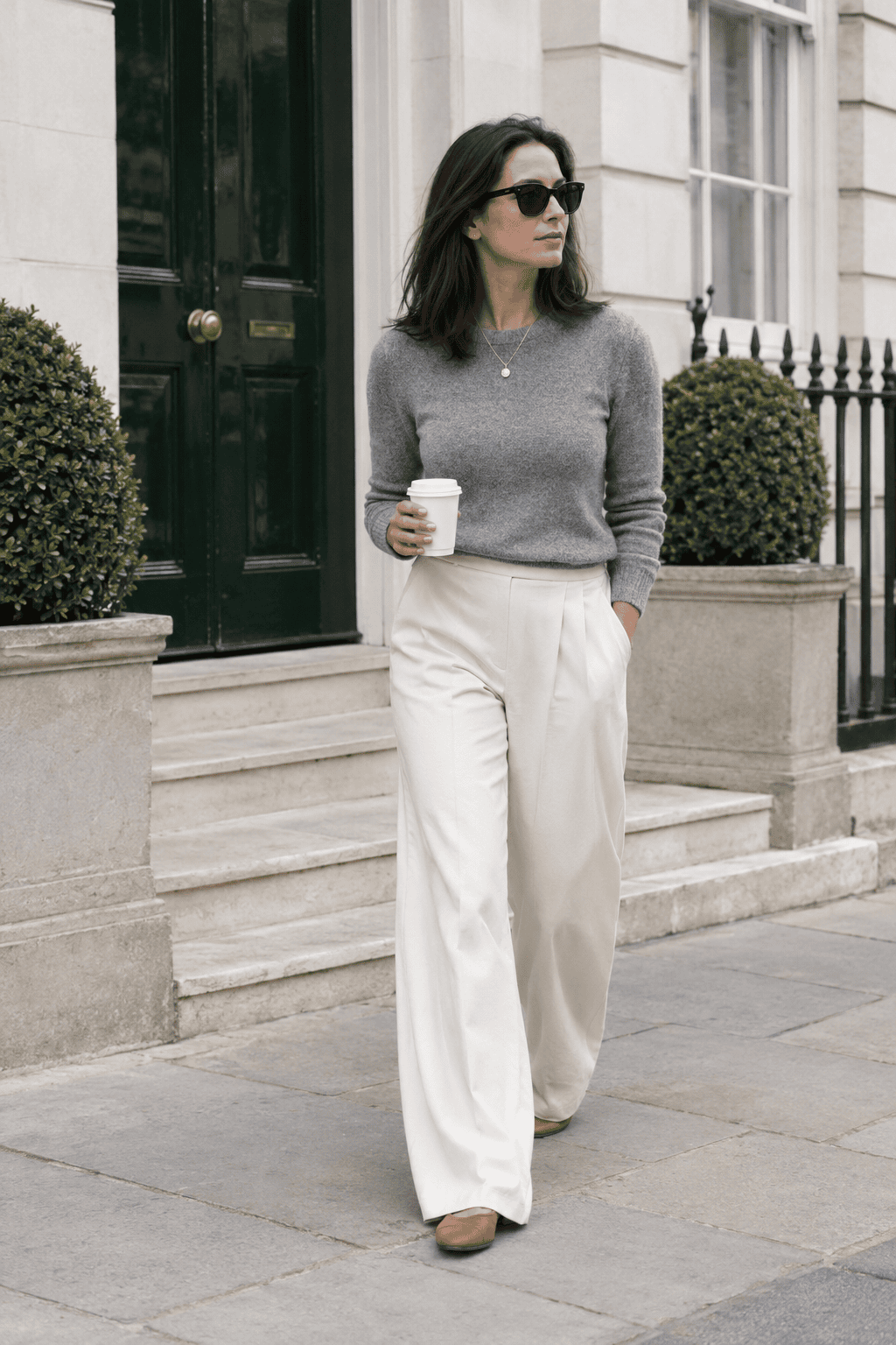 elegant outfit with clothes you already own: heather grey fitted sweater tucked into ivory wide-leg trousers with a delicate gold necklace
