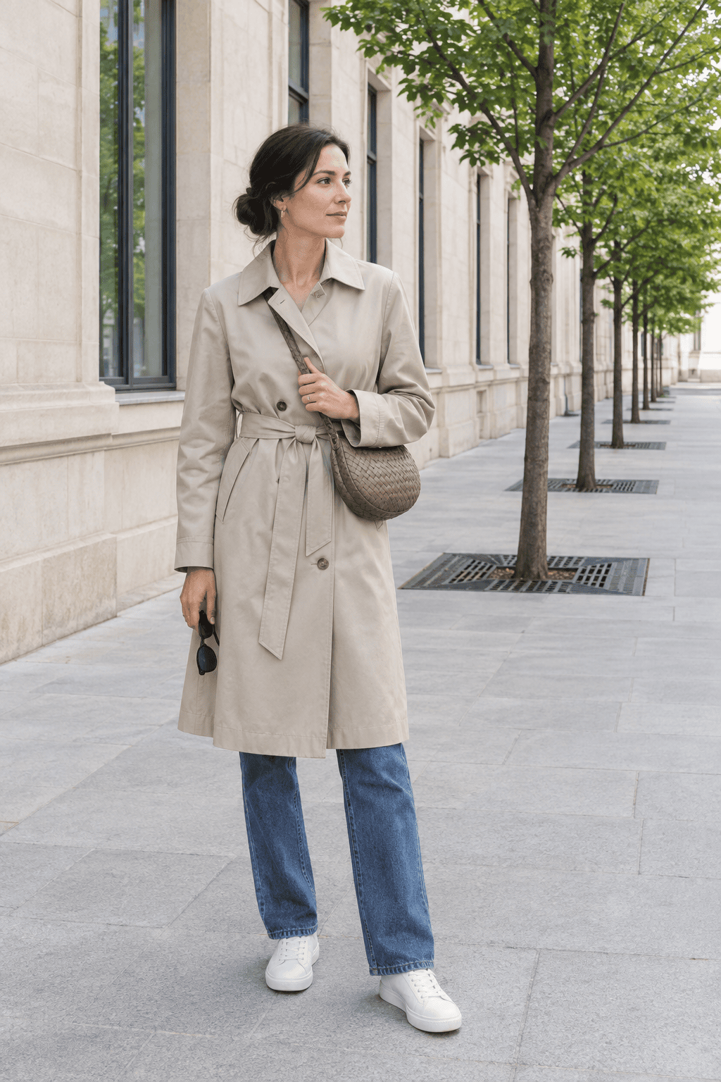 elegant outfit with clothes you already own: stone trench coat belted over straight-leg jeans with a taupe handwoven sling bag