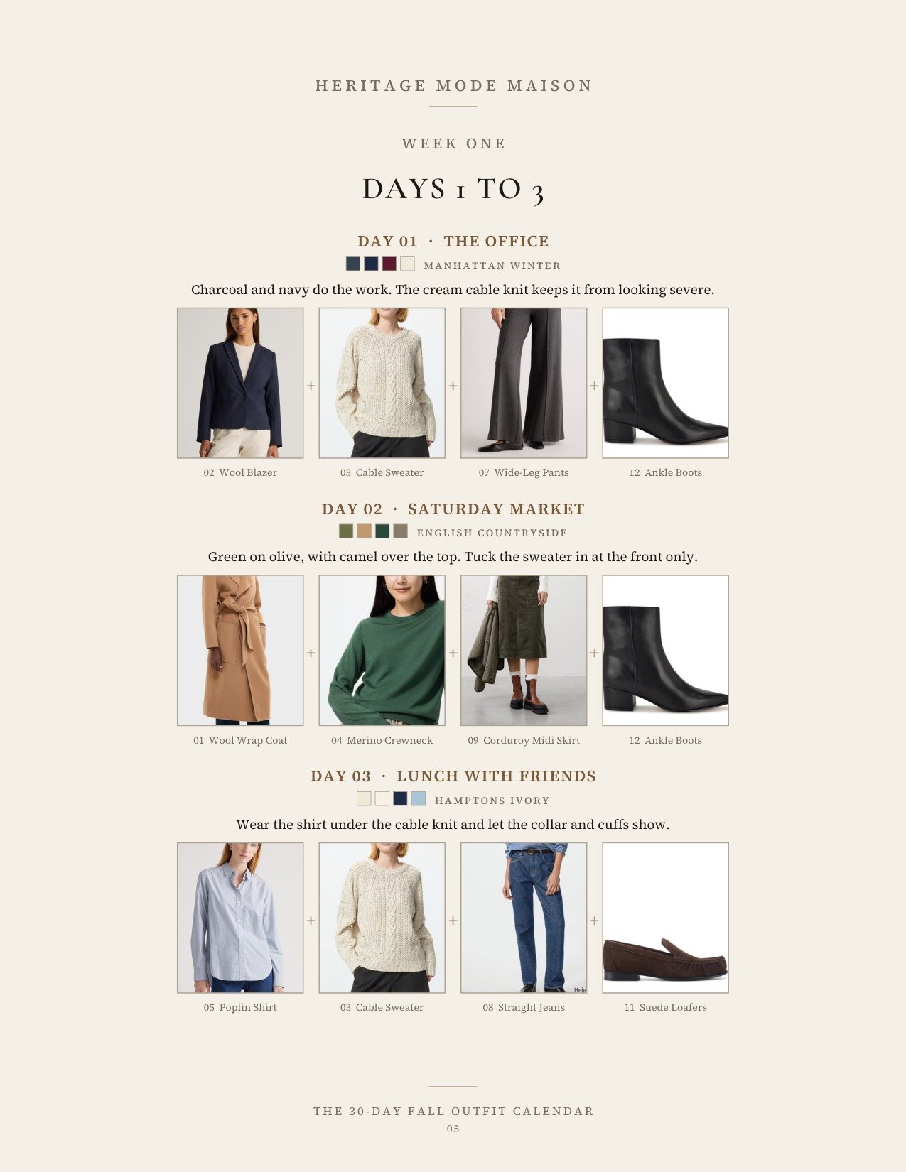 Three days of outfits built from the same twelve pieces