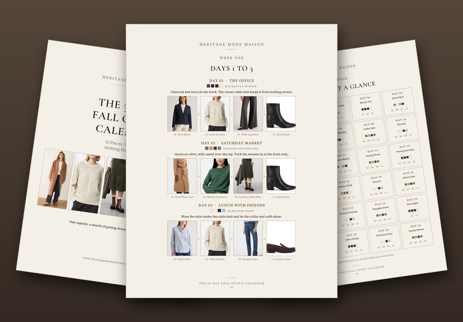 Inside the 30-Day Fall Outfit Calendar: the cover, a page of three outfits and the month at a glance