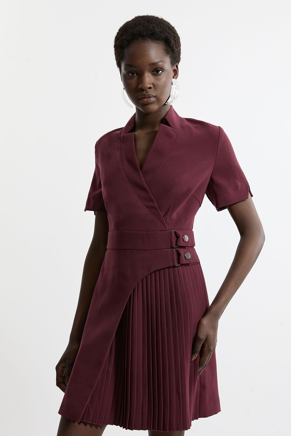 Forever Tailored Crepe Military Pleat Notch Neck Wrap Mini Dress (Merlot)