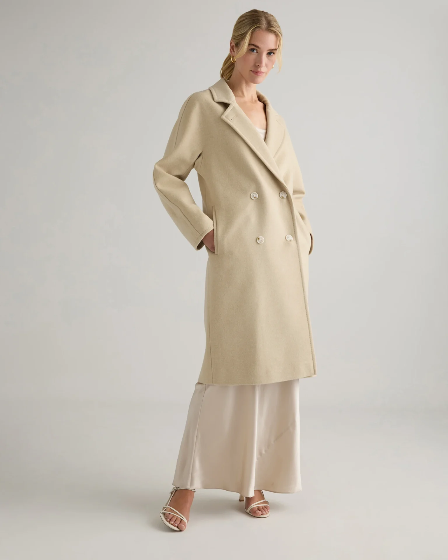 Italian Wool Double-Breasted Slouch Coat (Heather Buttercream)