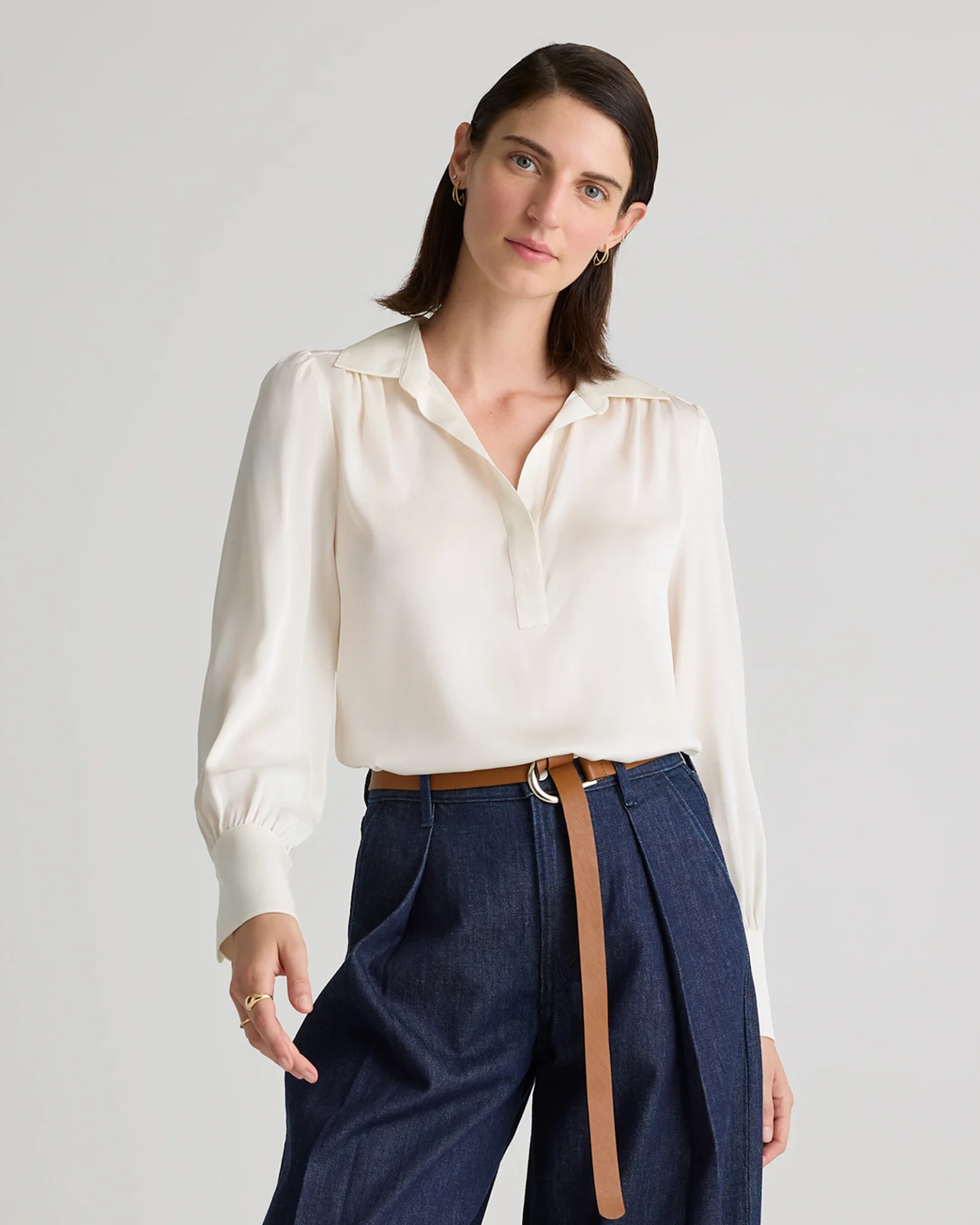 Washable Stretch Silk Split Neck Blouse (Ivory)