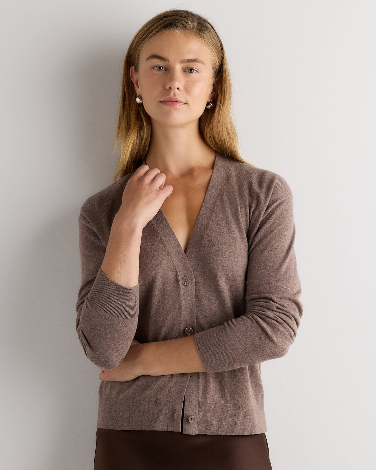 Lightweight Cotton Cashmere Cardigan (Heathered Mink Taupe)