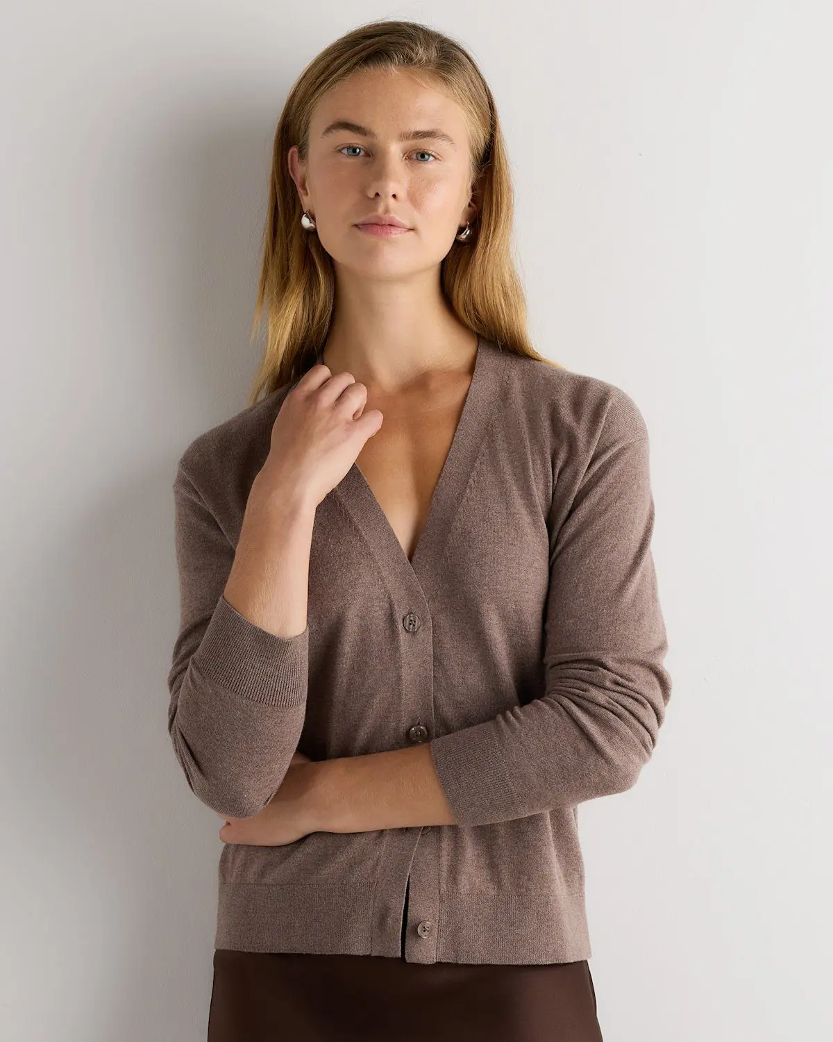 Lightweight Cotton Cashmere Cardigan (Heathered Mink Taupe)