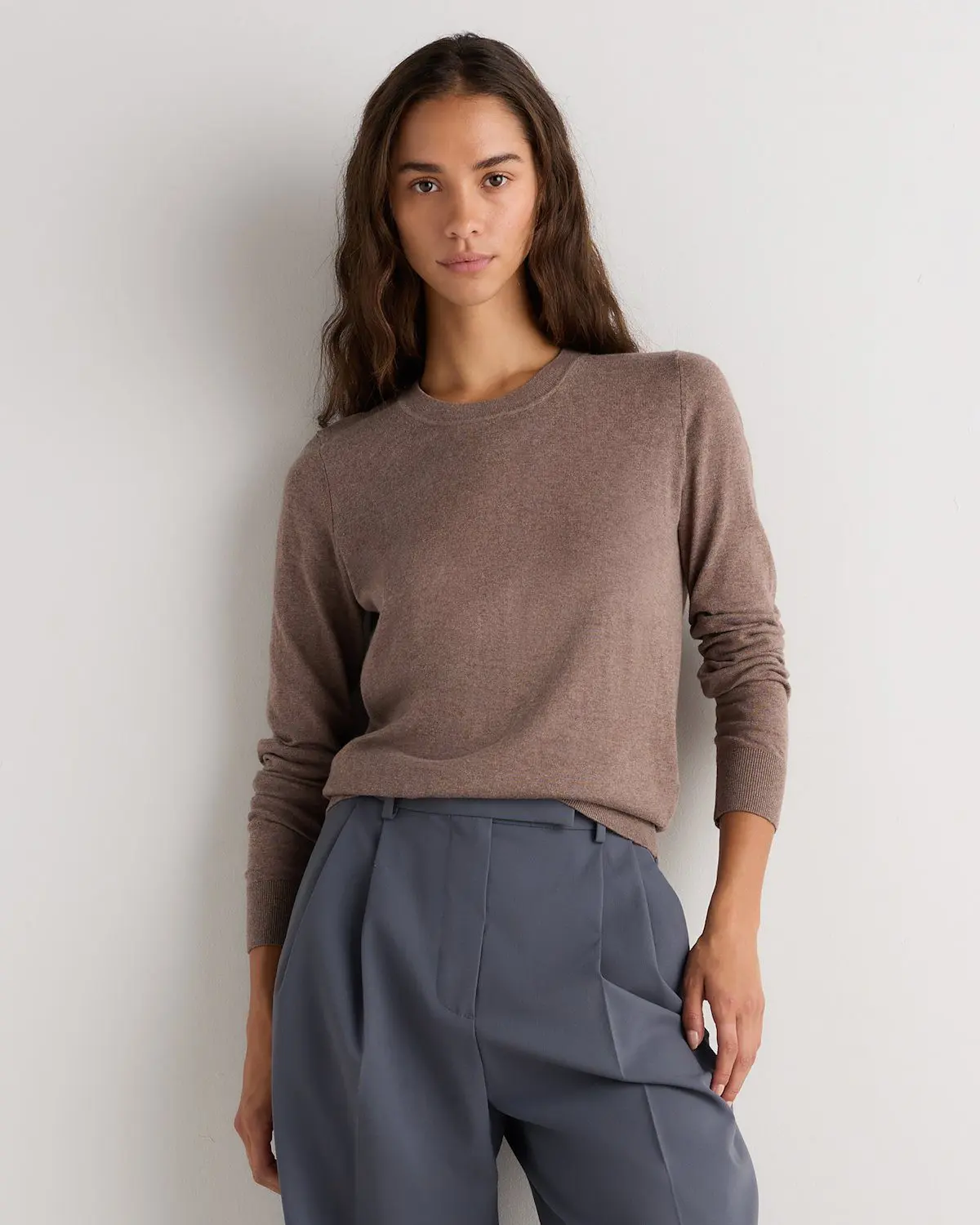 Lightweight Cotton Cashmere Crew Sweater (Heathered Mink Taupe)