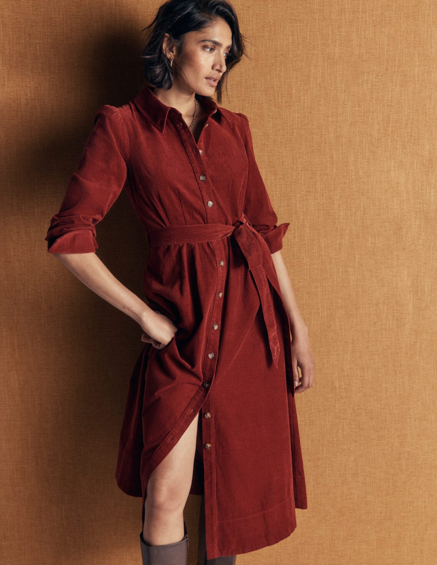 Maeve Cord Midi Shirt Dress (Spiced Apple)