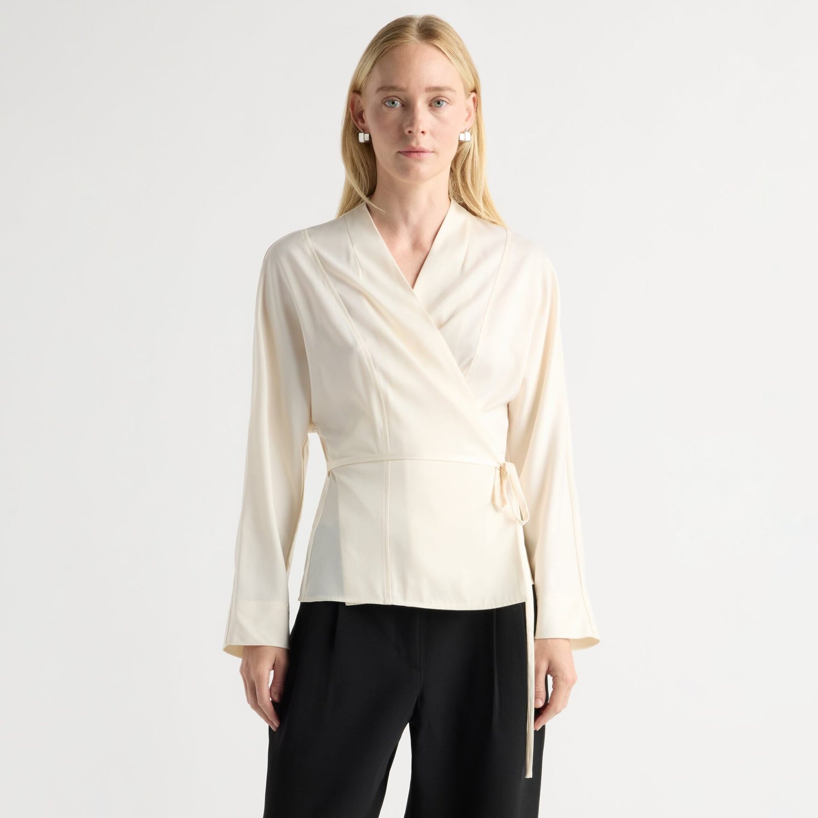 Maye Sculpted Satin Tie-Wrap Blouse (Champagne)
