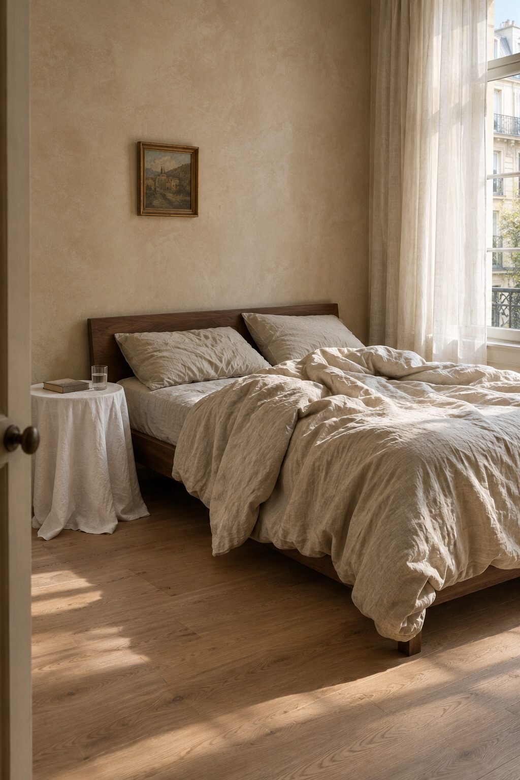 italian house interior bedroom with a rumpled oat linen duvet on a walnut bed and a white linen tablecloth over a round side table, limewashed walls and sheer linen curtains