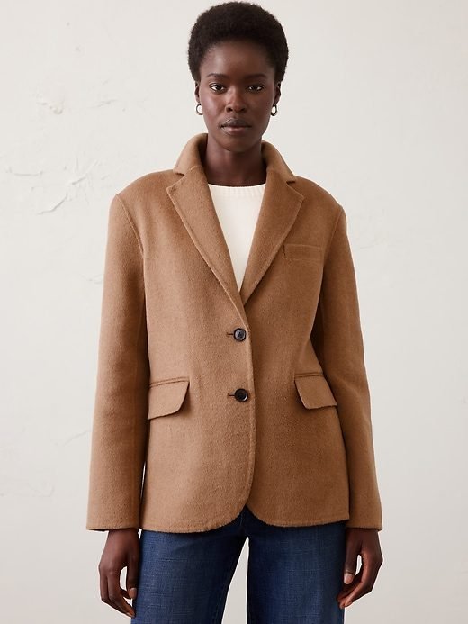 Polyester-Wool Blend Double-Face Blazer (Afternoon Latte)