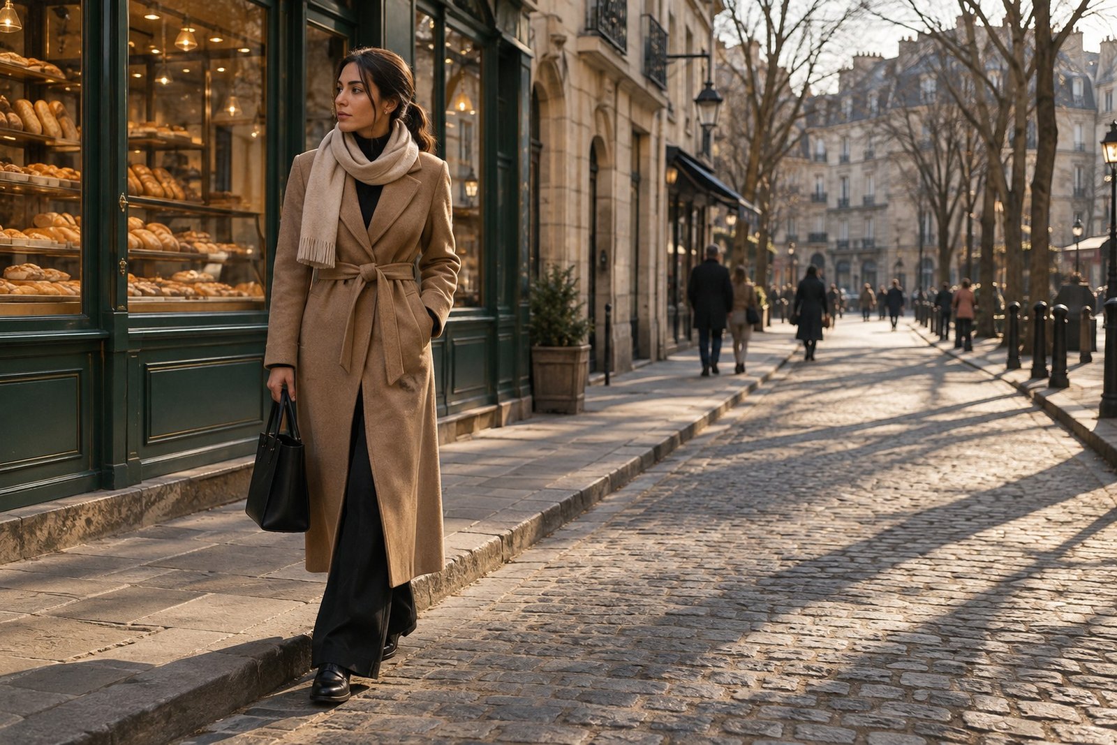 The Quiet Winter Capsule: camel coat, black turtleneck, black trousers and loafers on a winter street