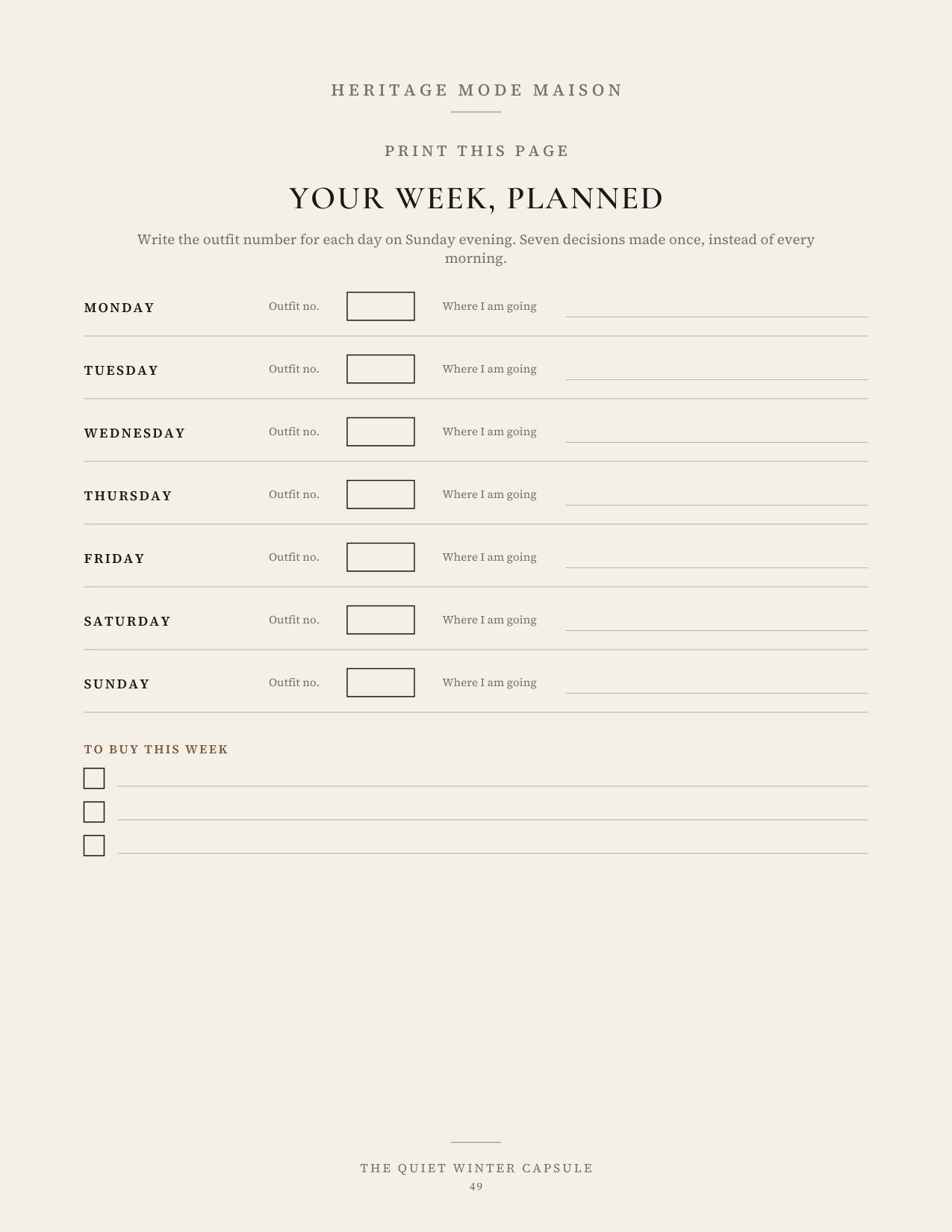 The weekly planner page