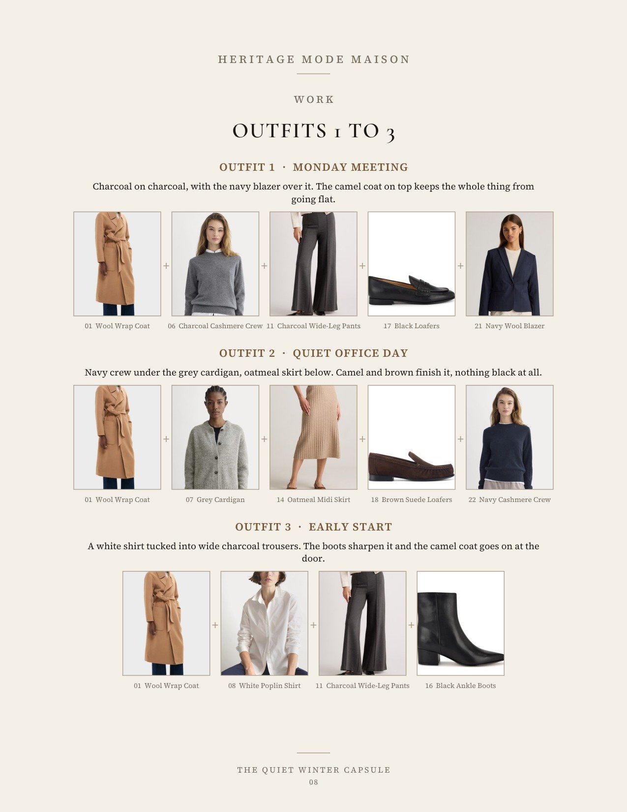 Three work outfits built from the capsule
