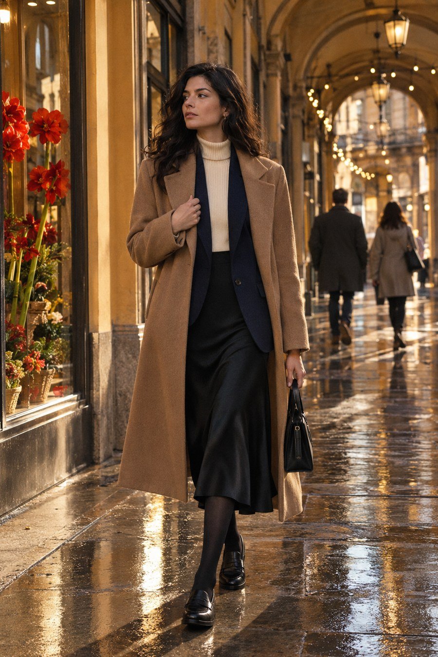 Camel coat over the navy blazer and cream roll neck, black silk skirt, black loafers