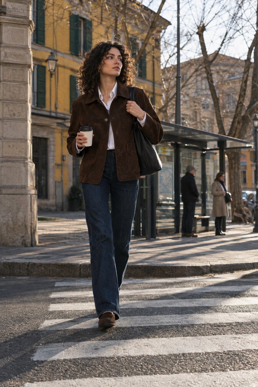 Suede chore jacket, white poplin shirt, straight jeans, brown suede loafers