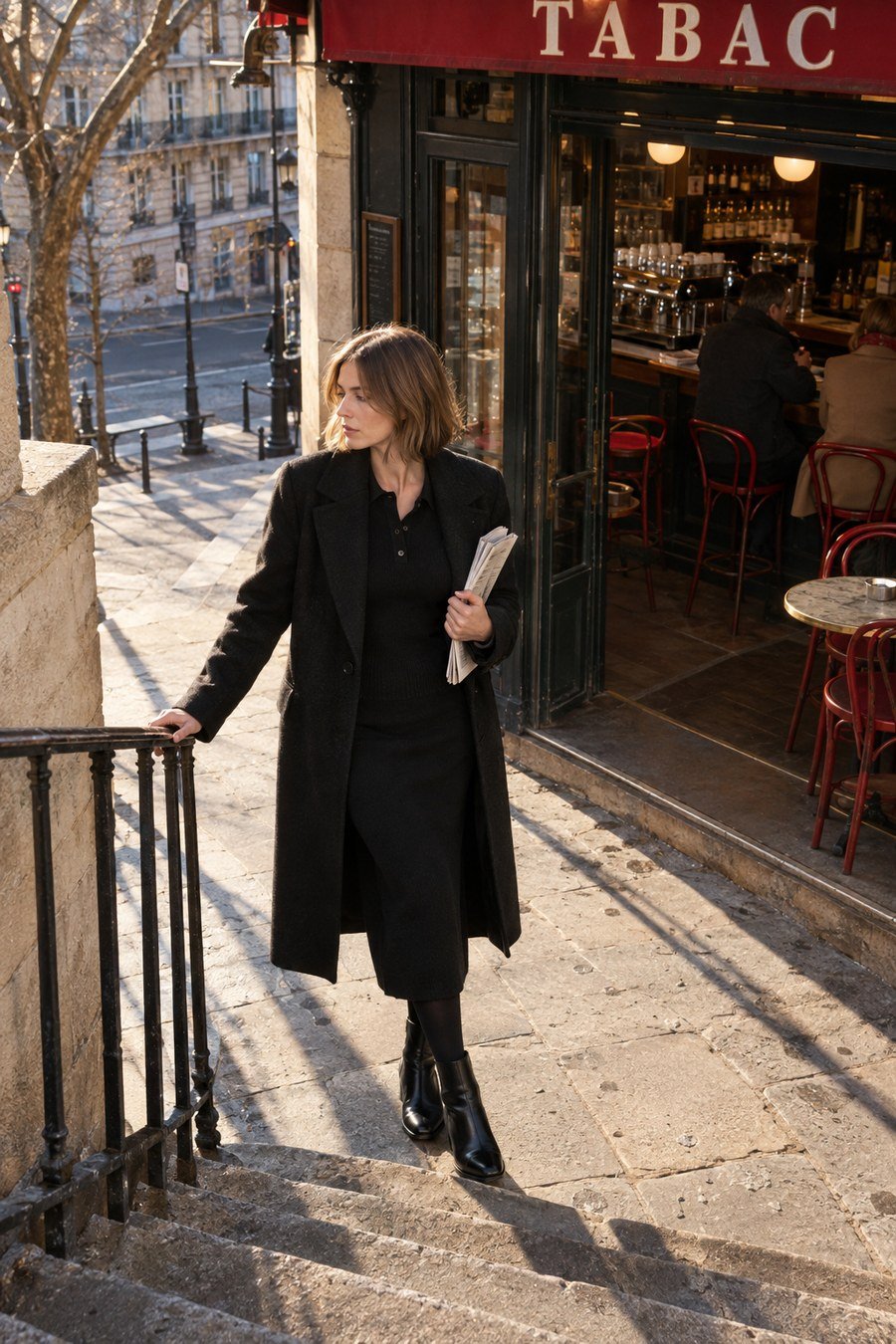 Black wool coat, black knit dress, black ankle boots