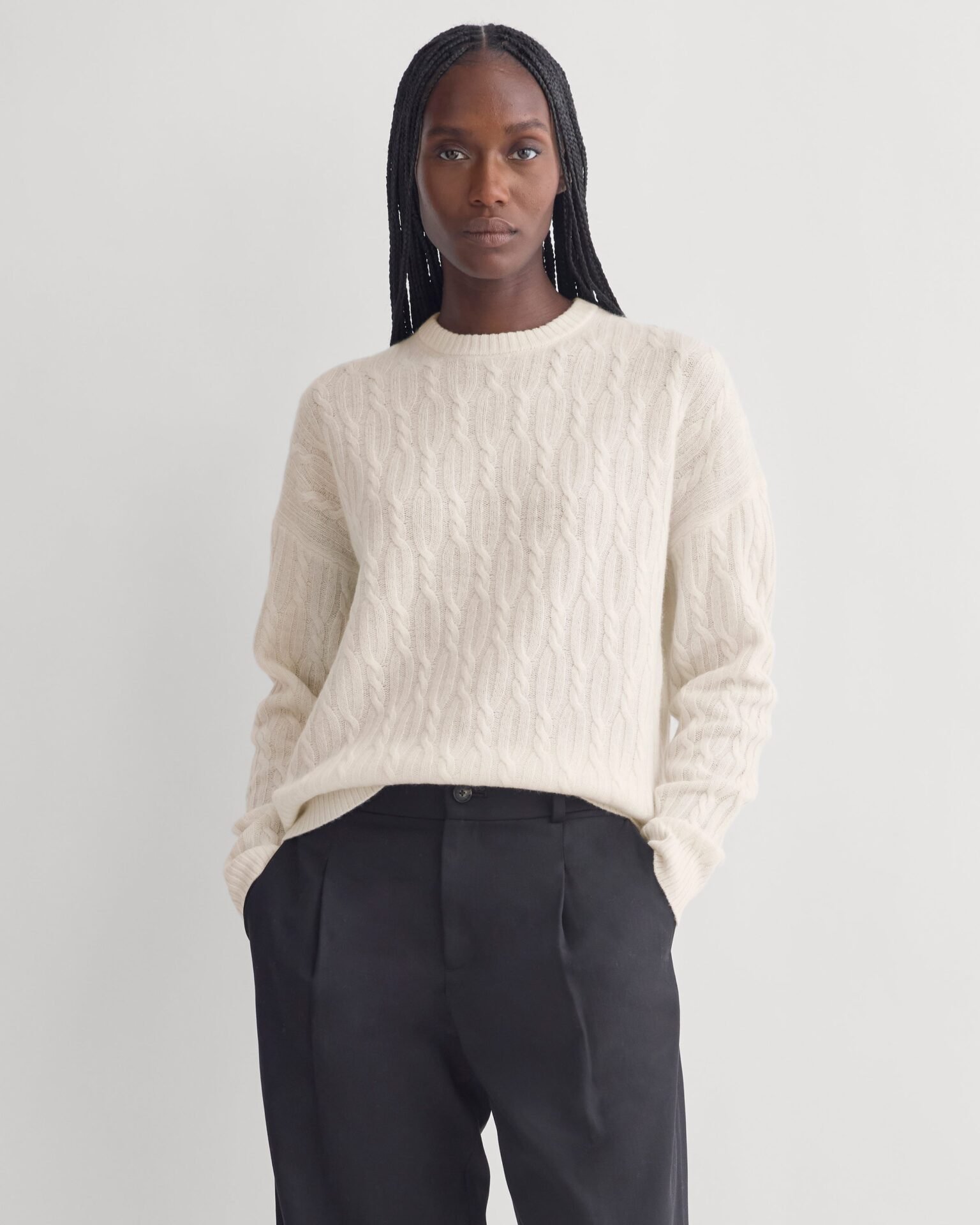 Relaxed Cable-Knit Crew in Luxe Merino (Bone)