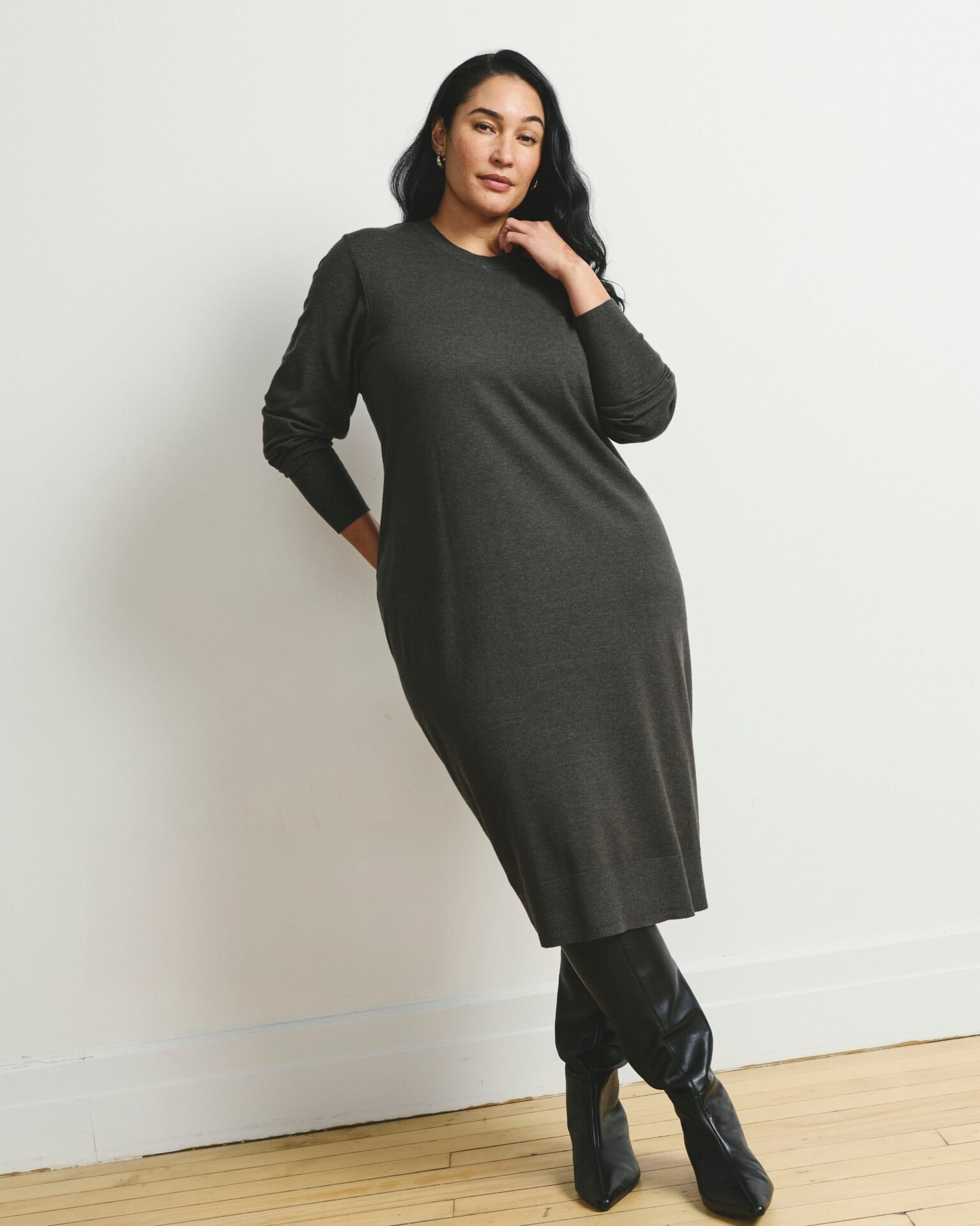 Savvy Fine Knit Everyday Sweater Dress (Dark Gray)
