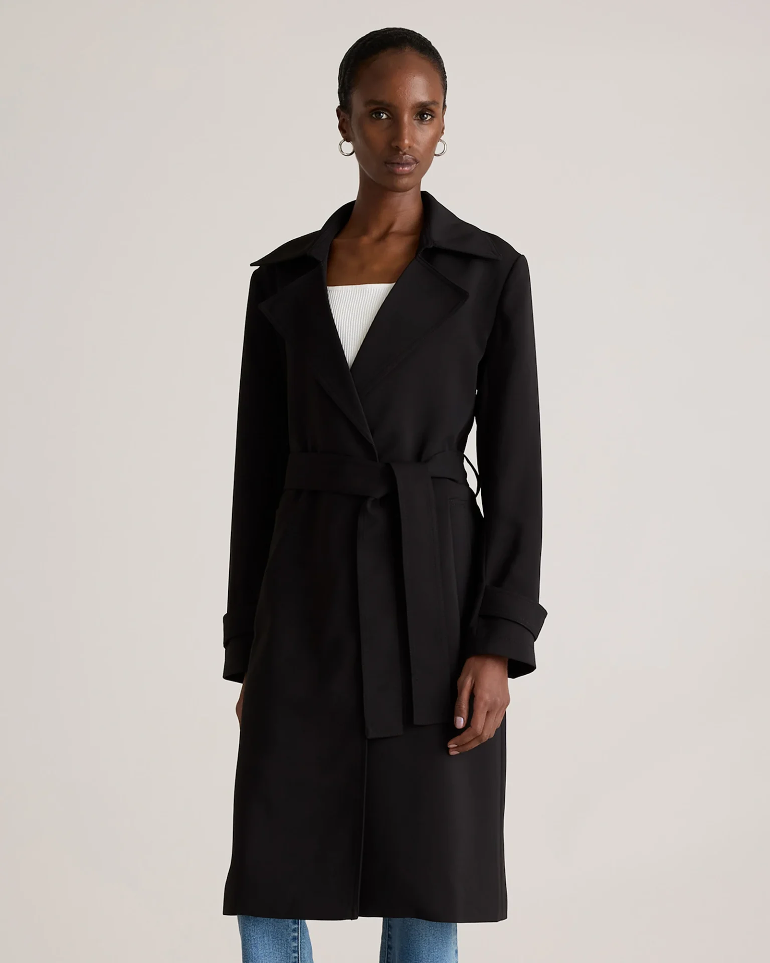 Stretch Crepe Trench Coat (Black)