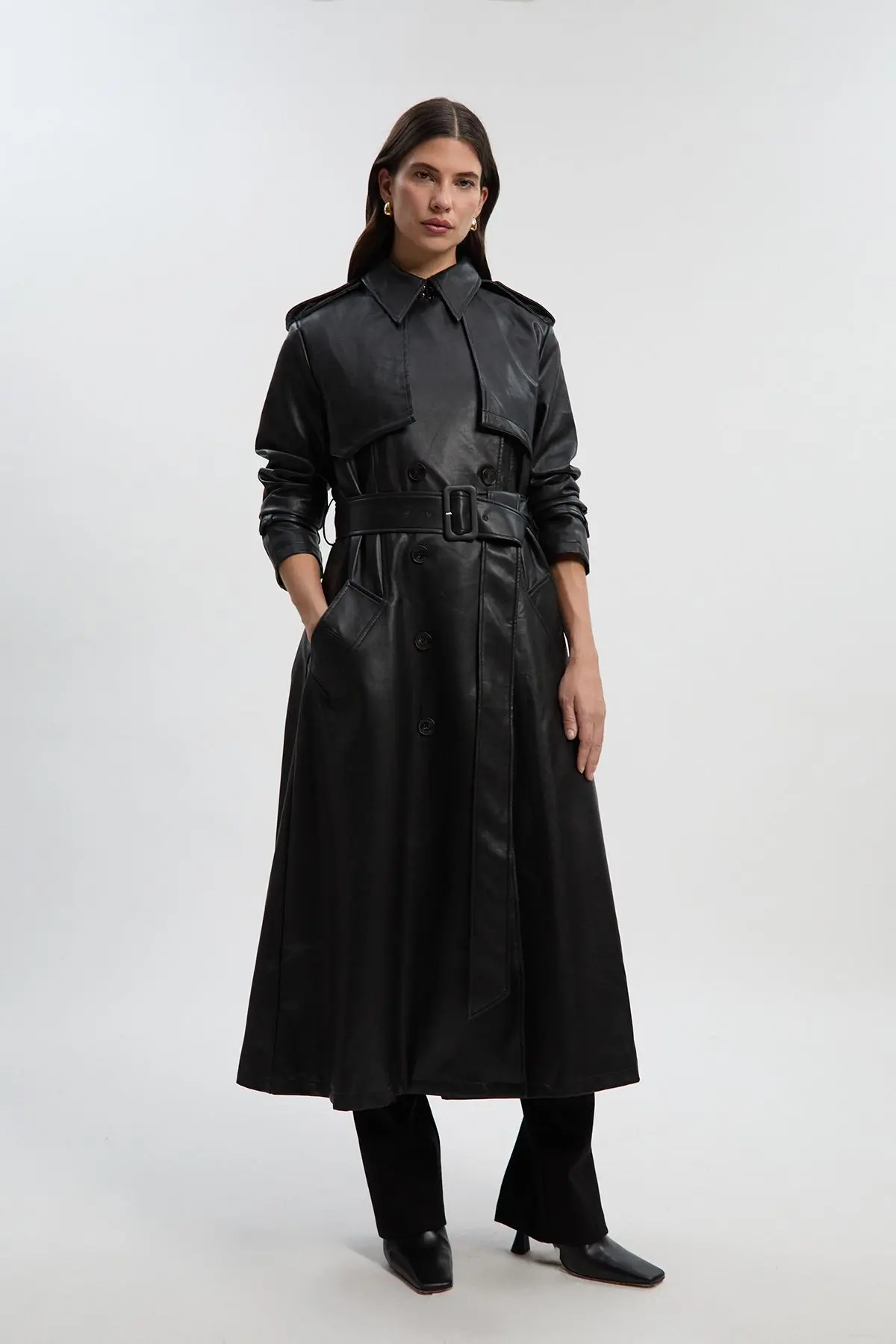 Tailored Faux Leather Belted Trench Coat (Black)