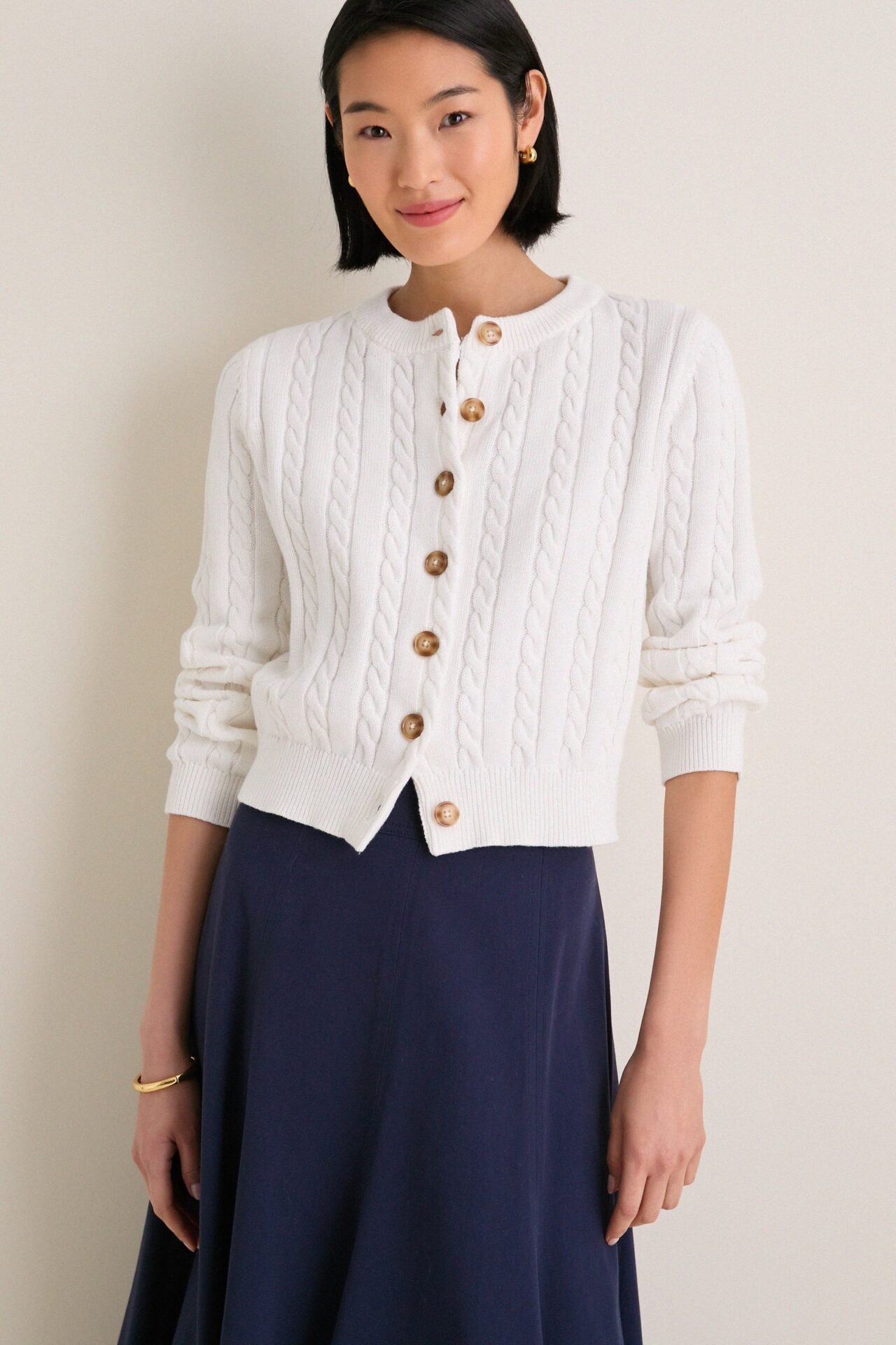 Ivory Cotton Cable Draper Cardigan