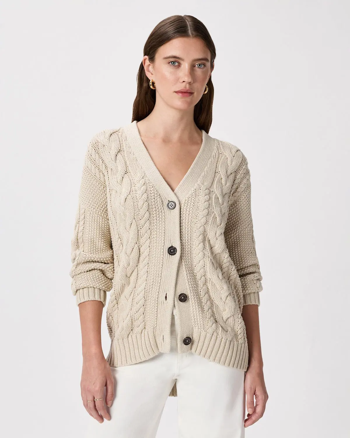 100% Organic Cotton Oversized Cable Cardigan (Speckled Beige)