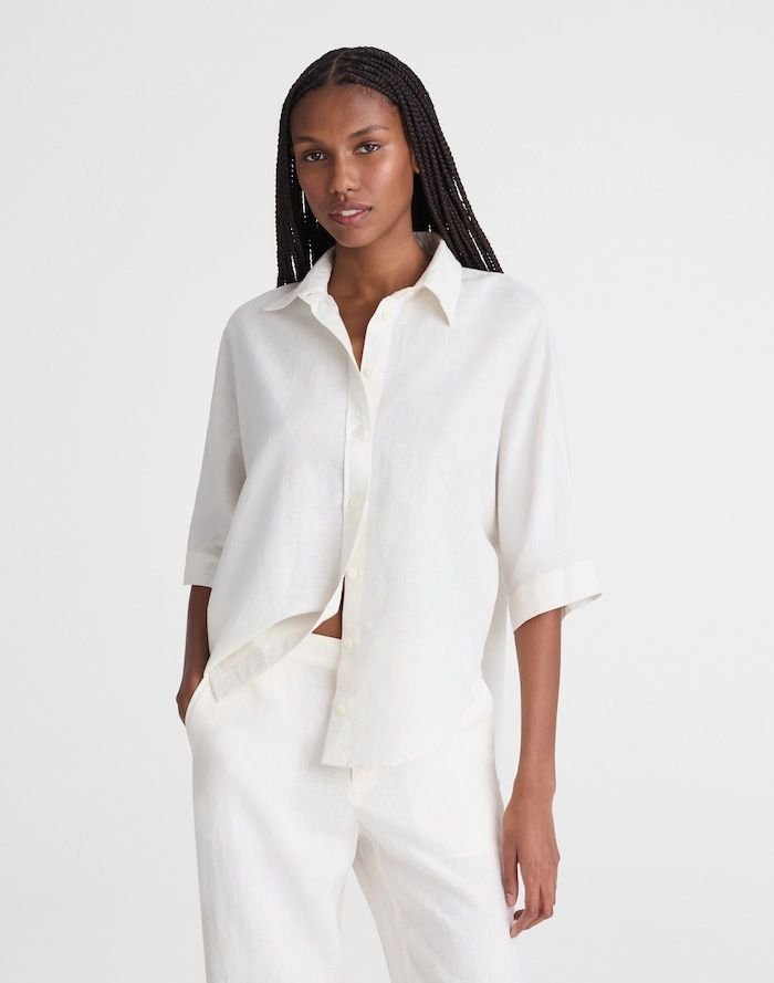 Relaxed Pleat-Sleeve Button-Up Shirt in Cotton-Linen Blend (Ivory Linen)