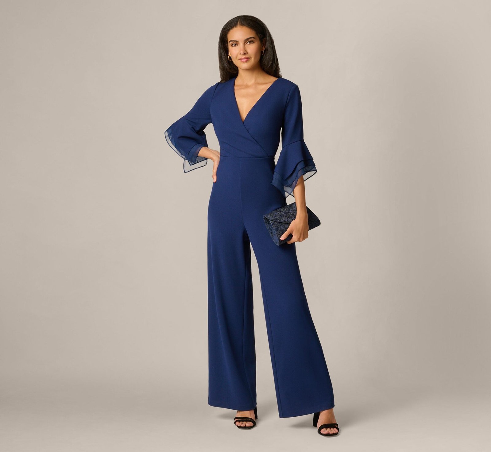 Bell Sleeve Crepe Surplice Jumpsuit (Navy Sateen)