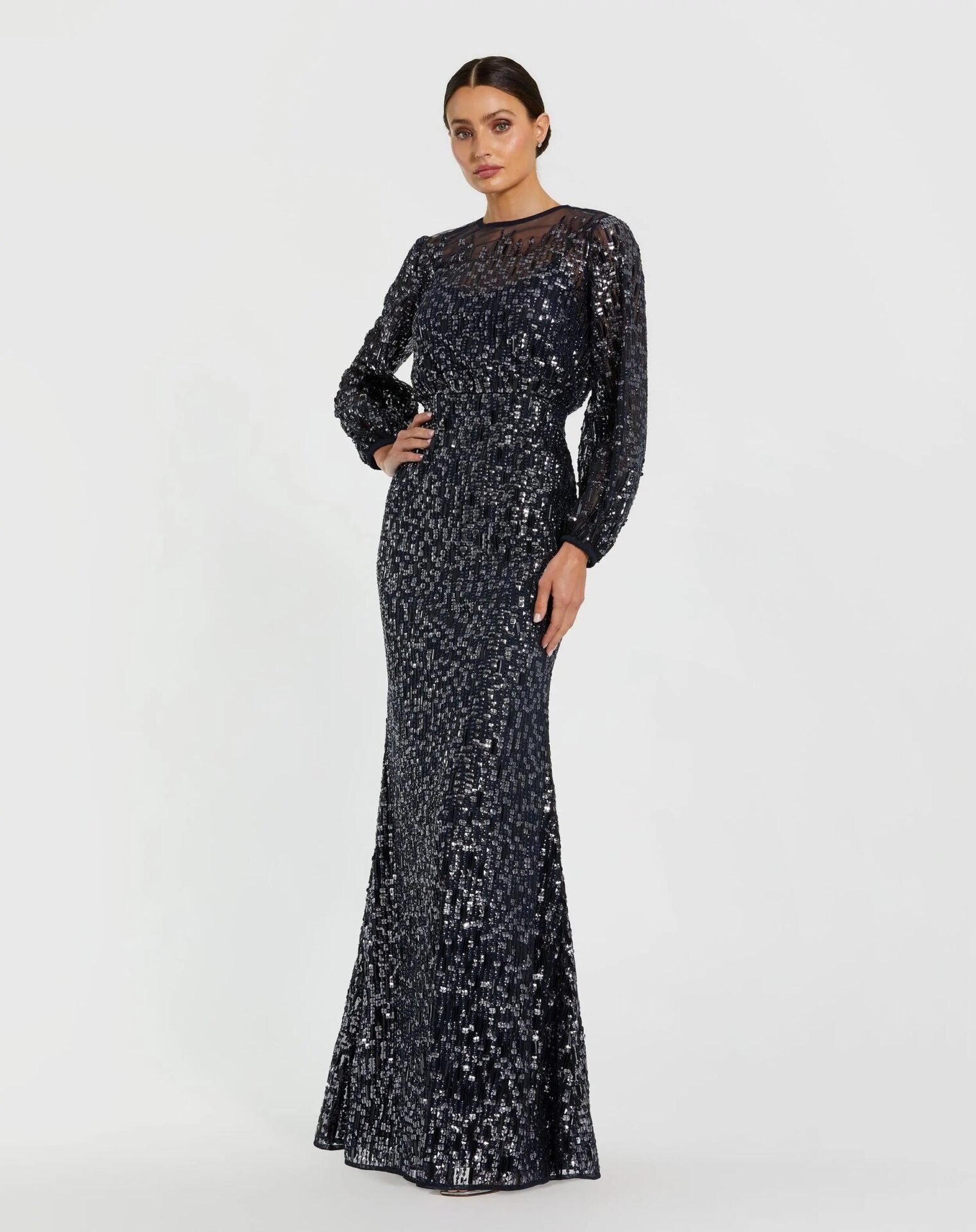 Midnight Sequin Long Sleeve Blouson Evening Gown