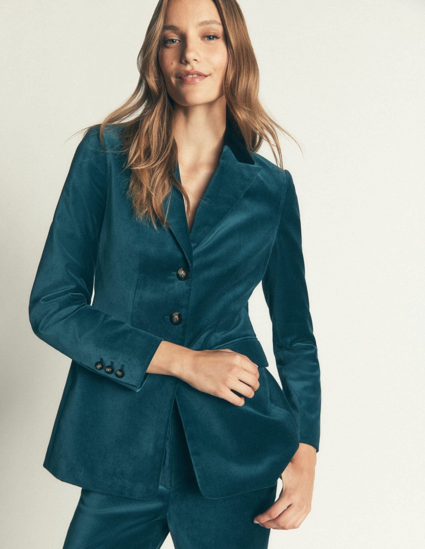 Longline Velvet Button Blazer (Teal Ocean)