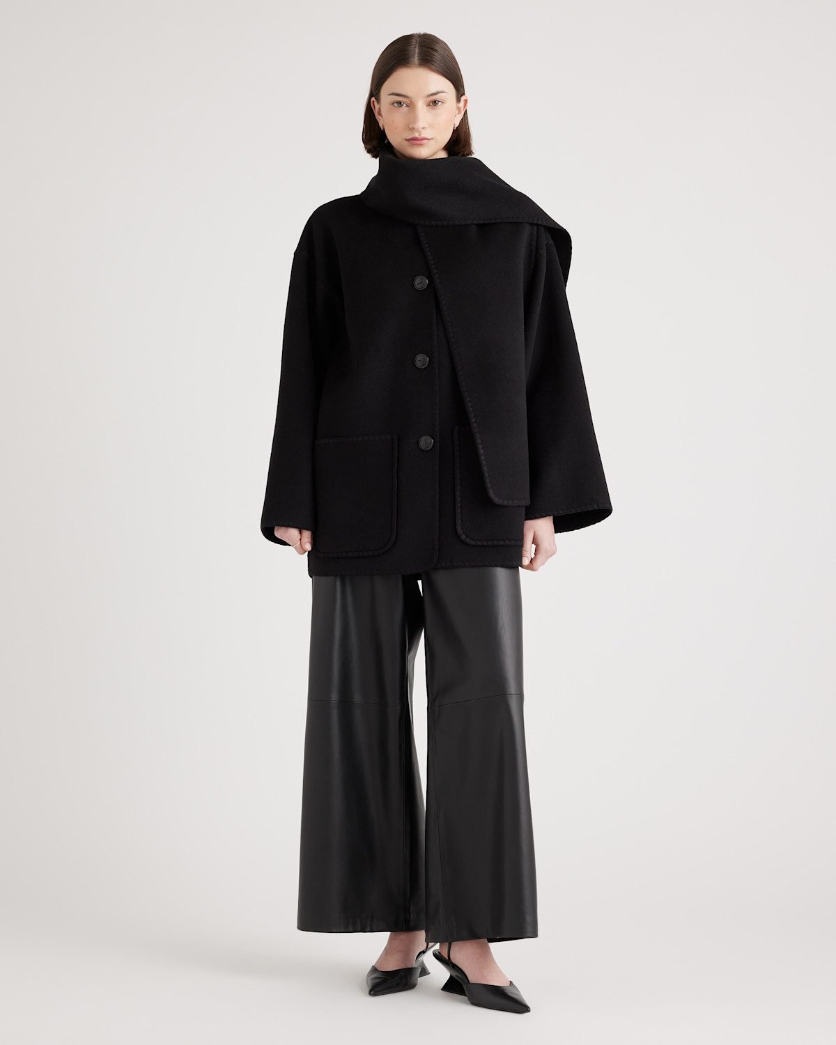 Double-Faced Merino Wool Scarf Coat (Black)