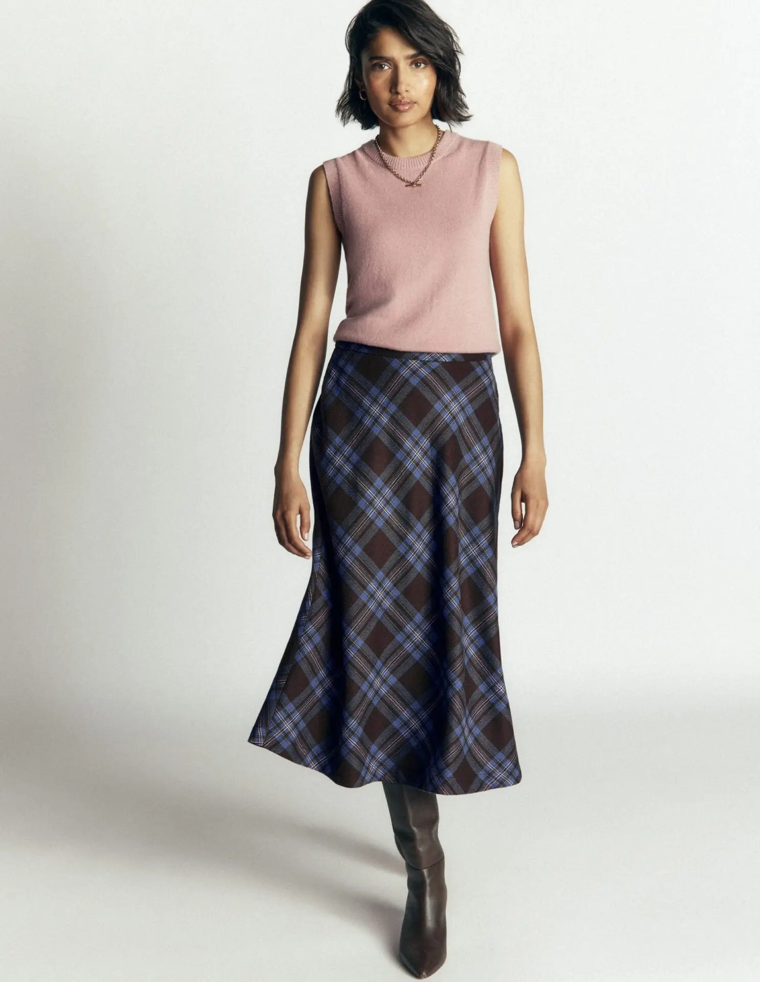 Wool Blend Slip Skirt (Brown Check)