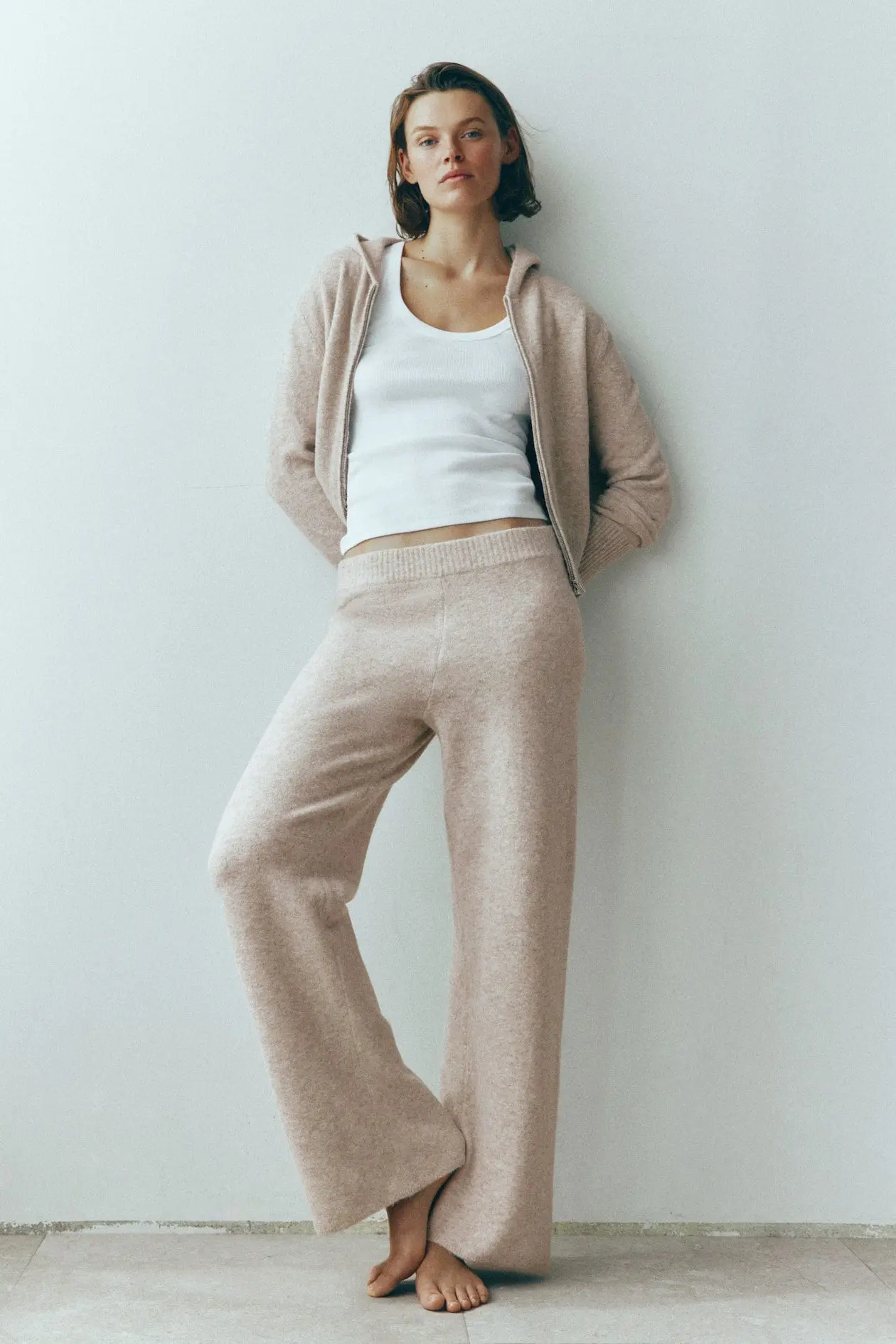 Wide-Leg Knit Pants with Wool Content (Light Beige Melange)