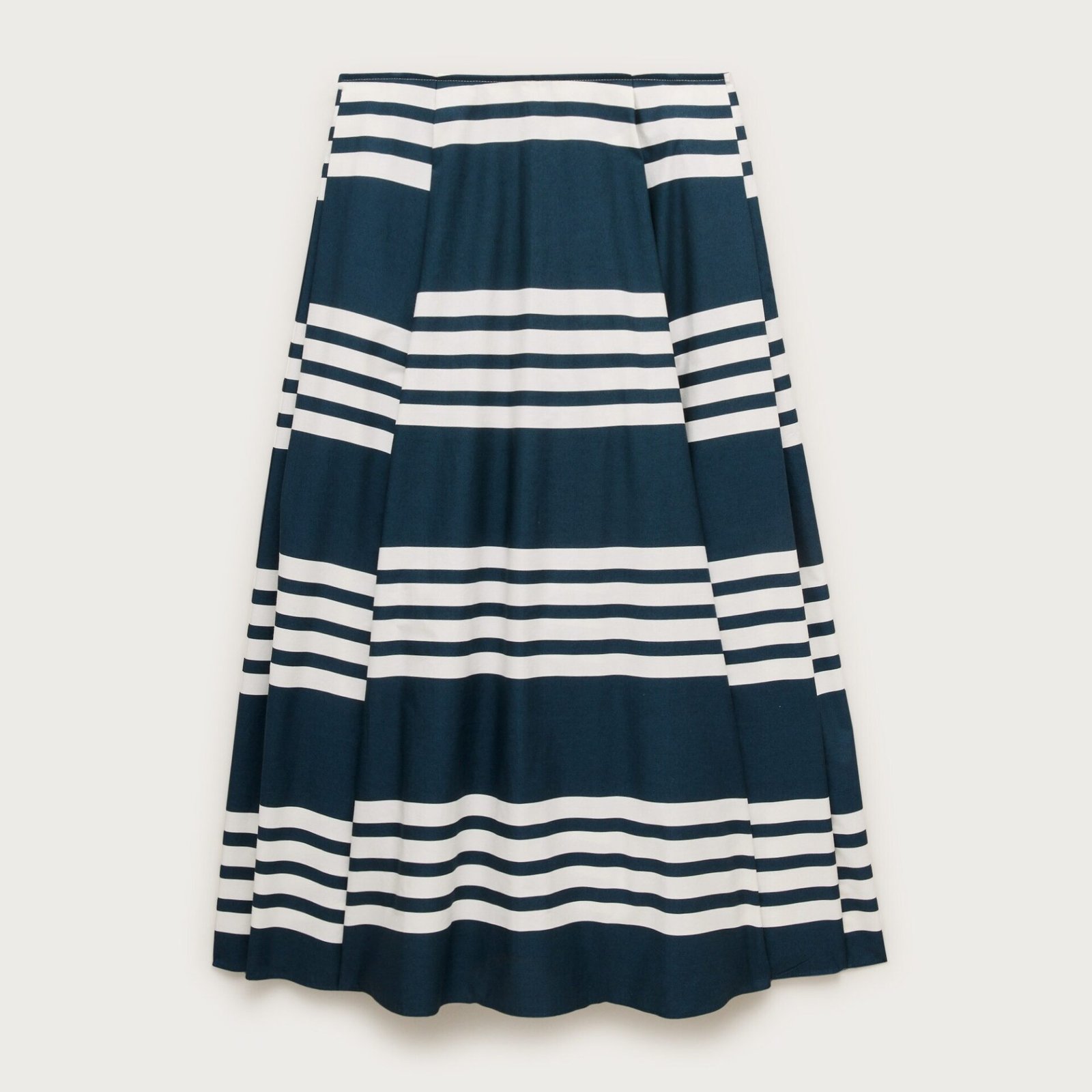 Side-Pleat Midi Skirt in Sailor-Stripe Cotton Poplin
