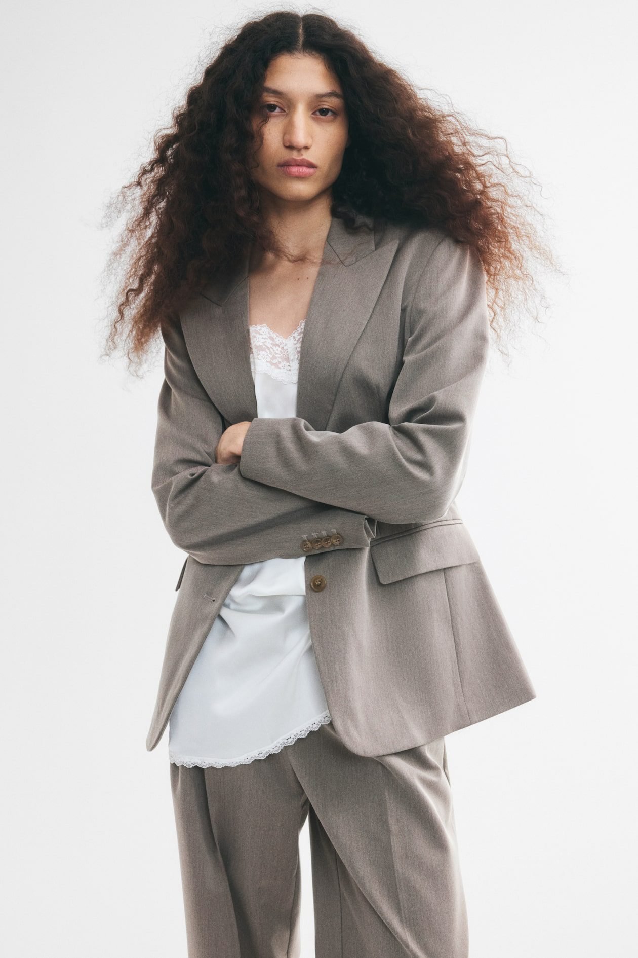 Single-Breasted Twill Blazer (Taupe)