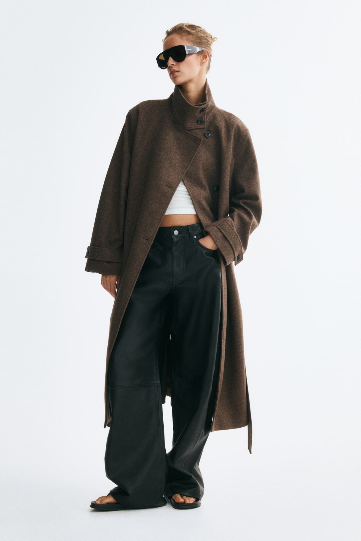 Tie-Belt Funnel-Collar Coat (Dark taupe)