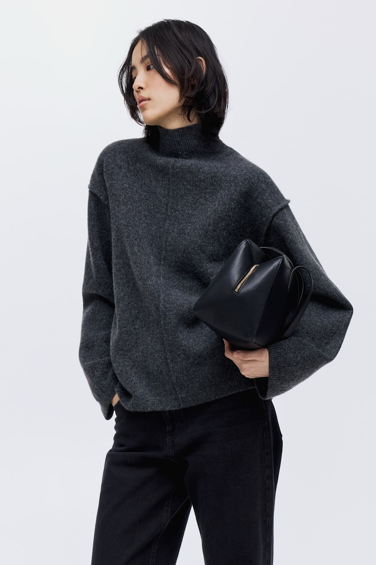 Seam-Detail Mock Turtleneck Sweater (Dark gray melange)