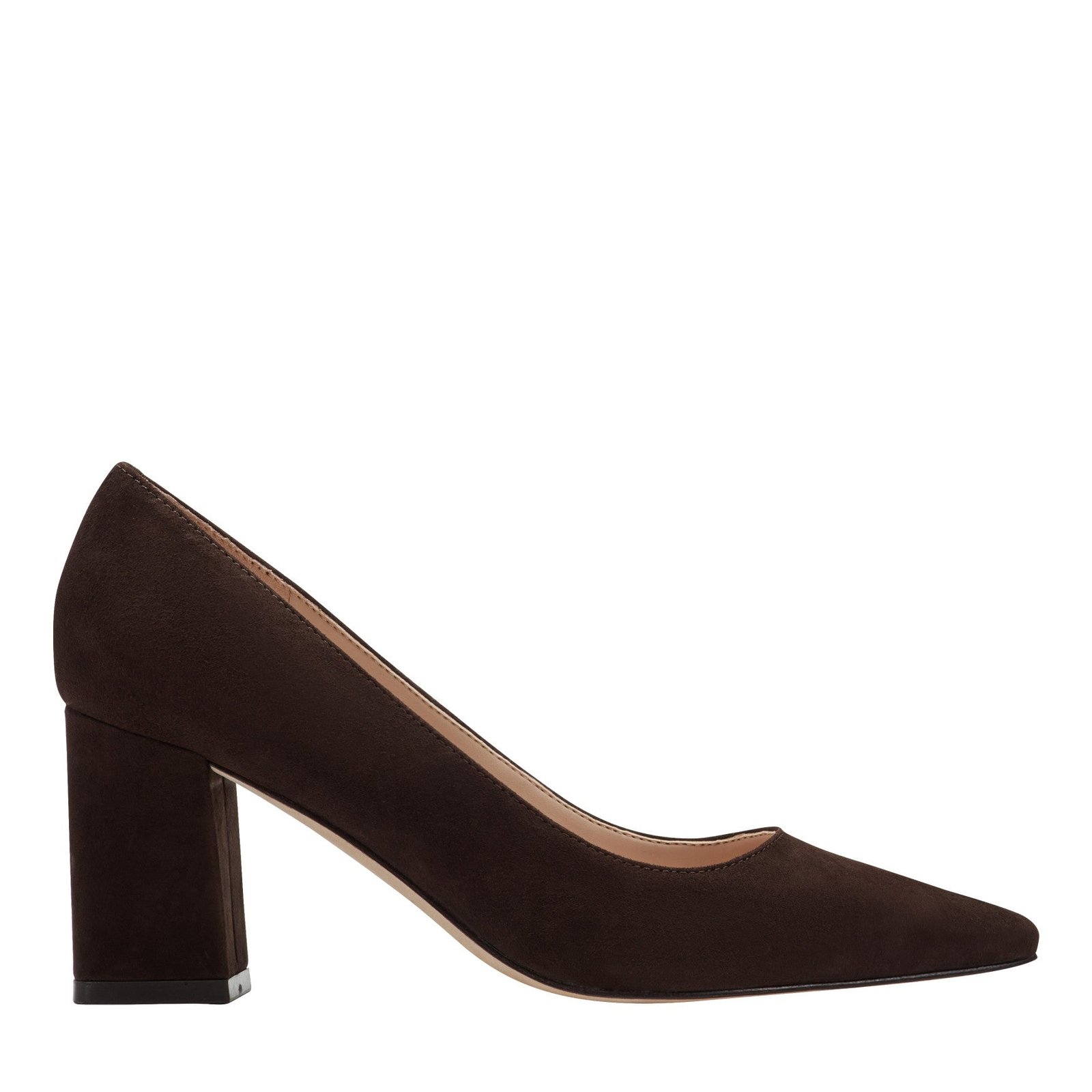 Zala Block Heel Pointy Toe Pump (Dark Brown Suede)