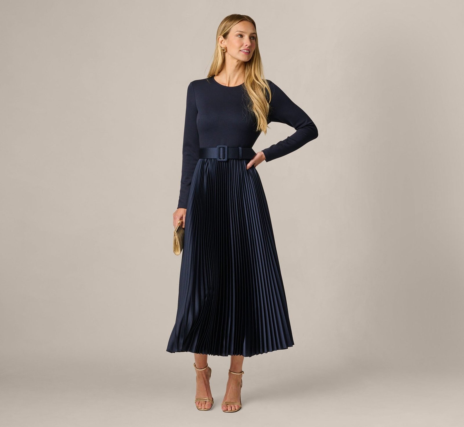 Long Sleeve Ponte Pleated Satin Combo Dress (Midnight)