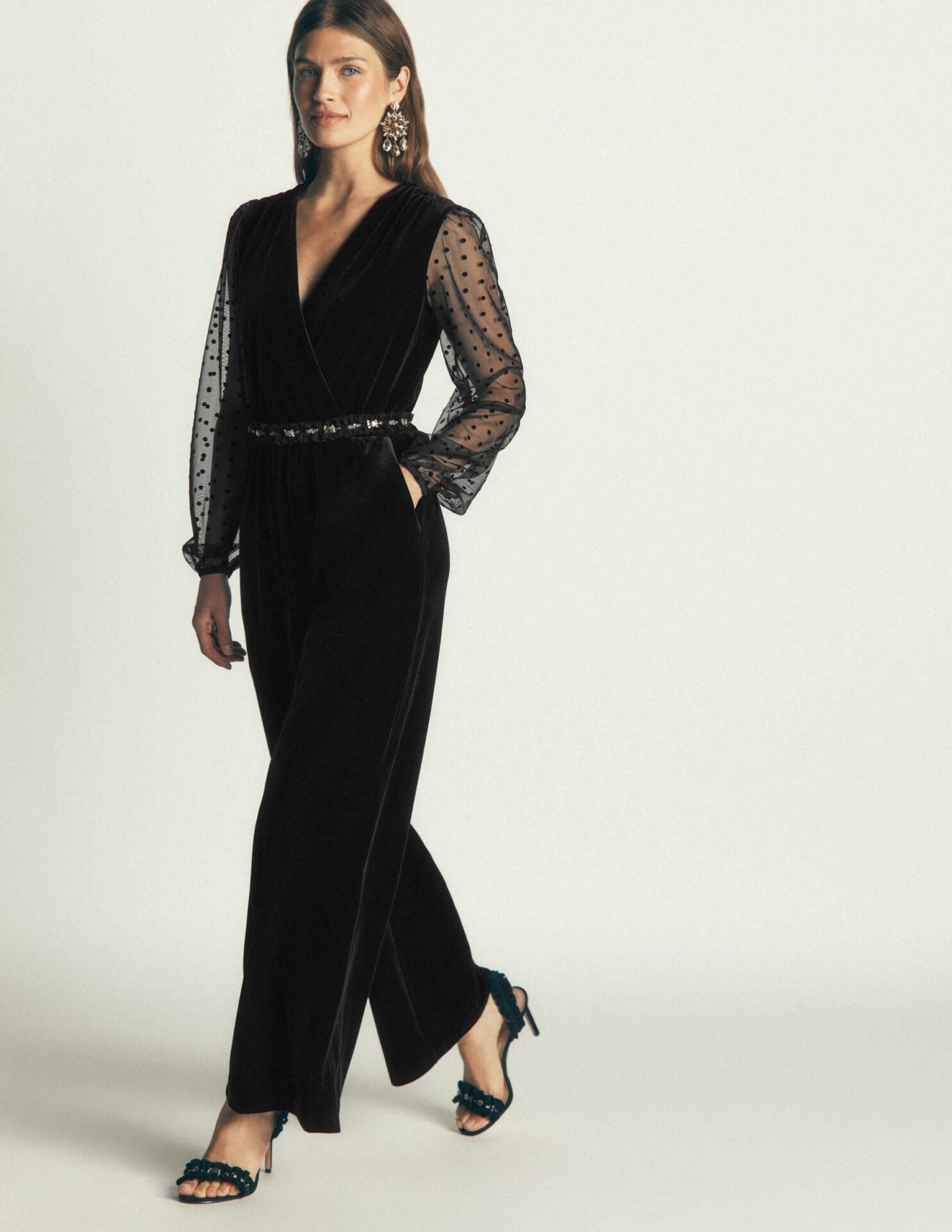 Velvet Tulle Sleeve Jumpsuit (Black)