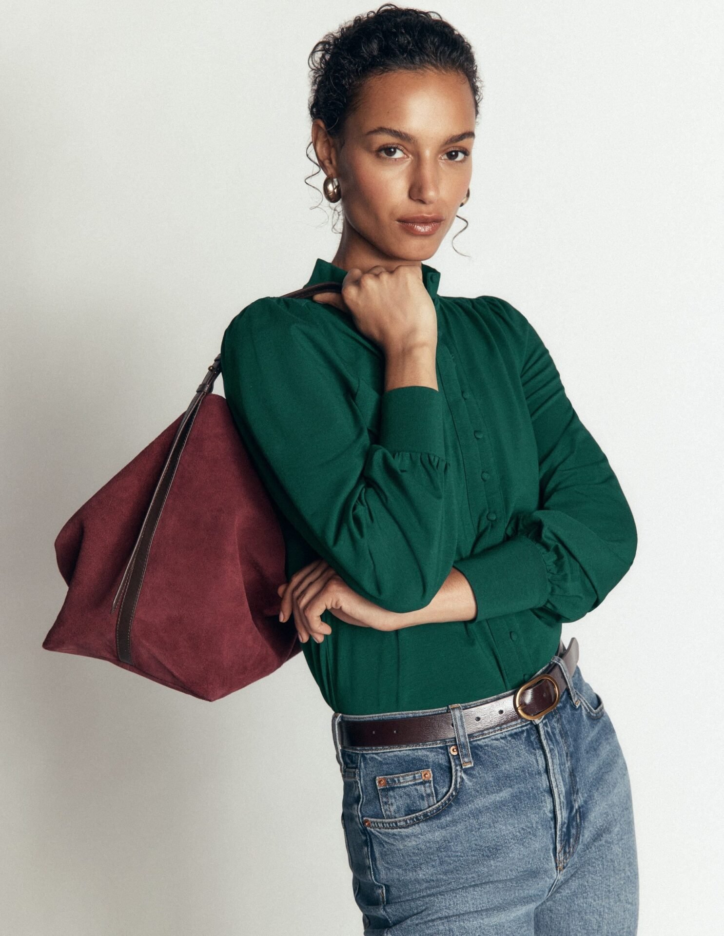 Isla Funnel Neck Button Blouse (Emerald Night)