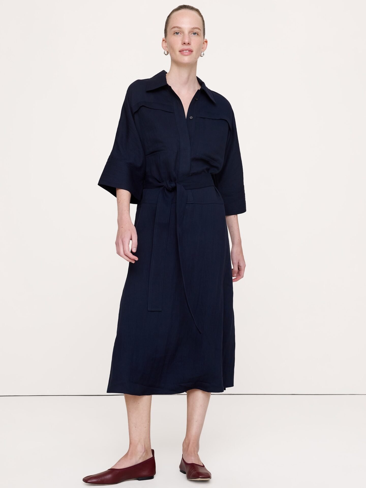 Drapey Twill Belted Midi Shirt Dress (Navy Blue)